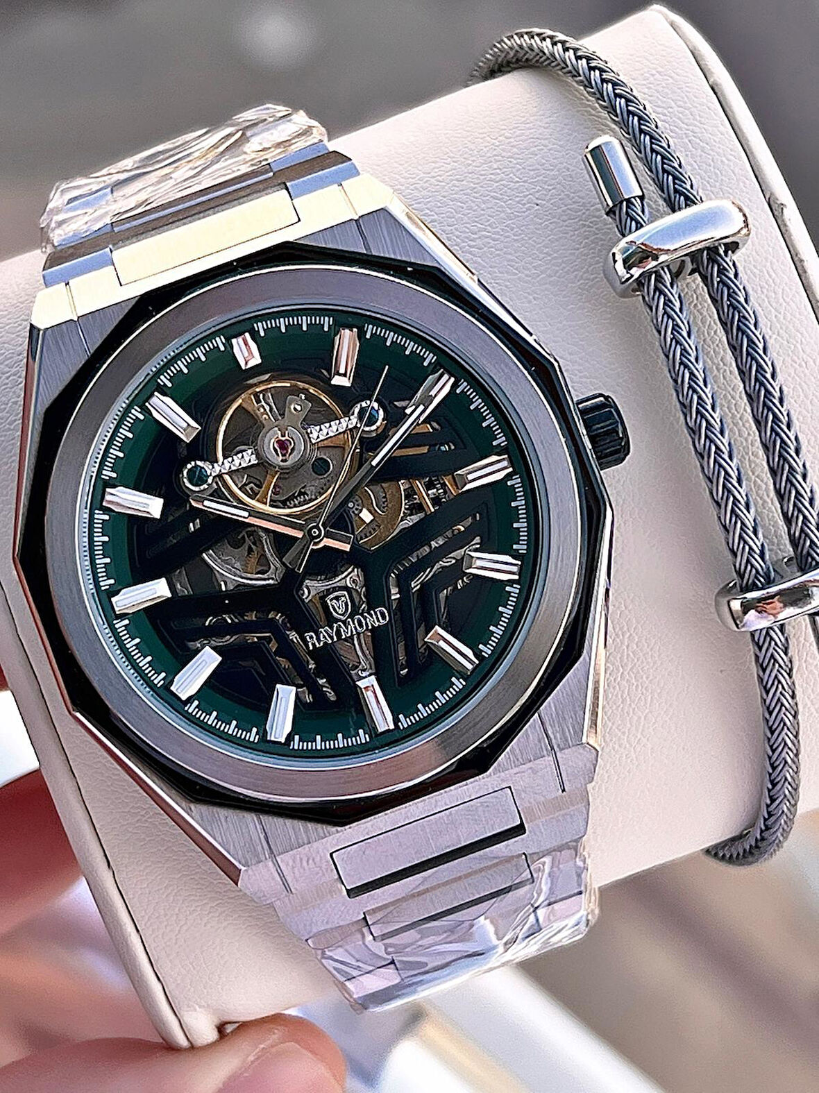 Raymond Çelik Kordon Otomatik Mekanizma 2 Yıl Garantil 5 Atm Erkek Kol Saati+Bileklik RMD.11