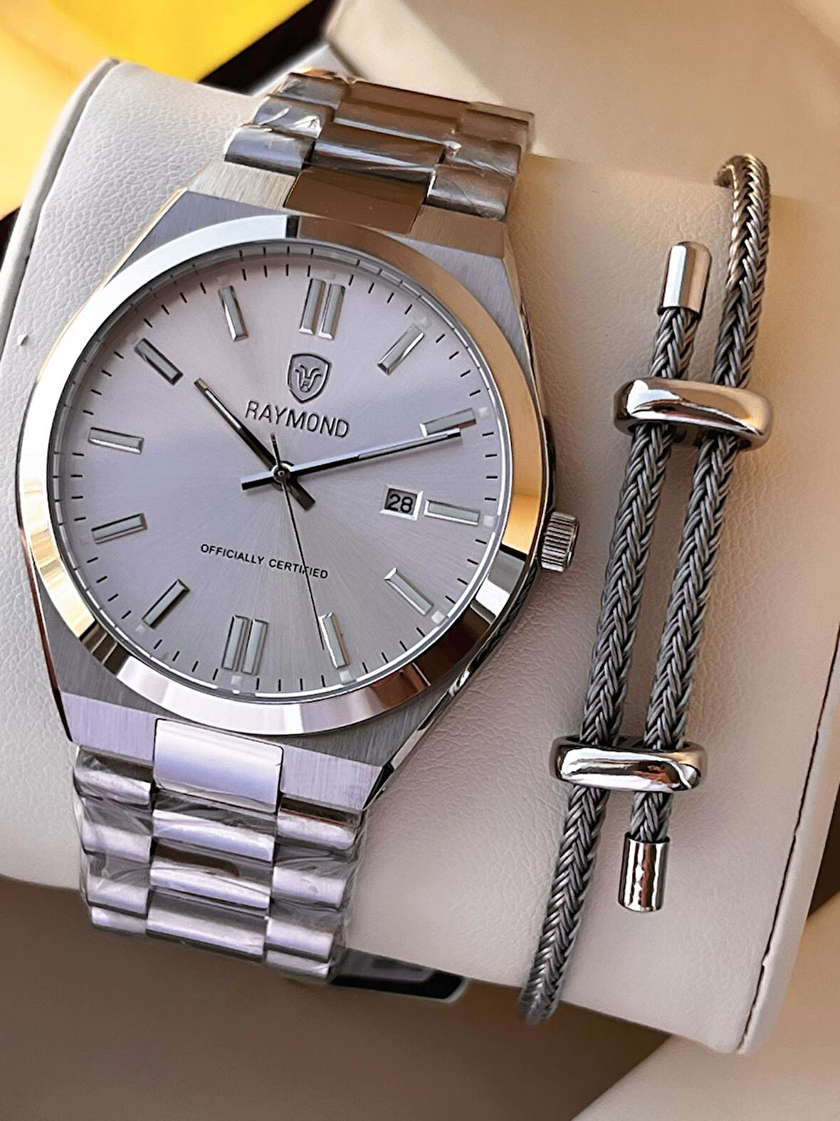 Raymond Nişan Ve Damatlara Özel Çelik Kordon 2 Yıl Garantili 5 Atm Erkek Kol Saati+Bileklik RMD.25