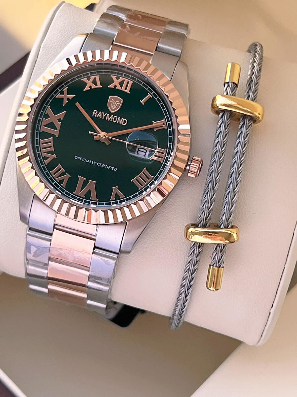 Raymond Nişan Ve Damatlara Özel Çelik Kordon 2 Yıl Garantili 5 Atm Erkek Kol Saati+Bileklik RMD.33