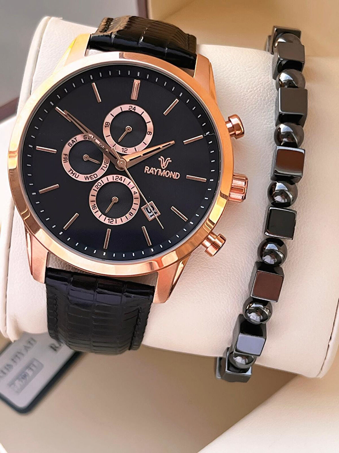 Raymond Nişan Ve Damatlara Özel Deri Kordon 2 Yıl Garantili 5 Atm Erkek Kol Saati+Bileklik RMD.41