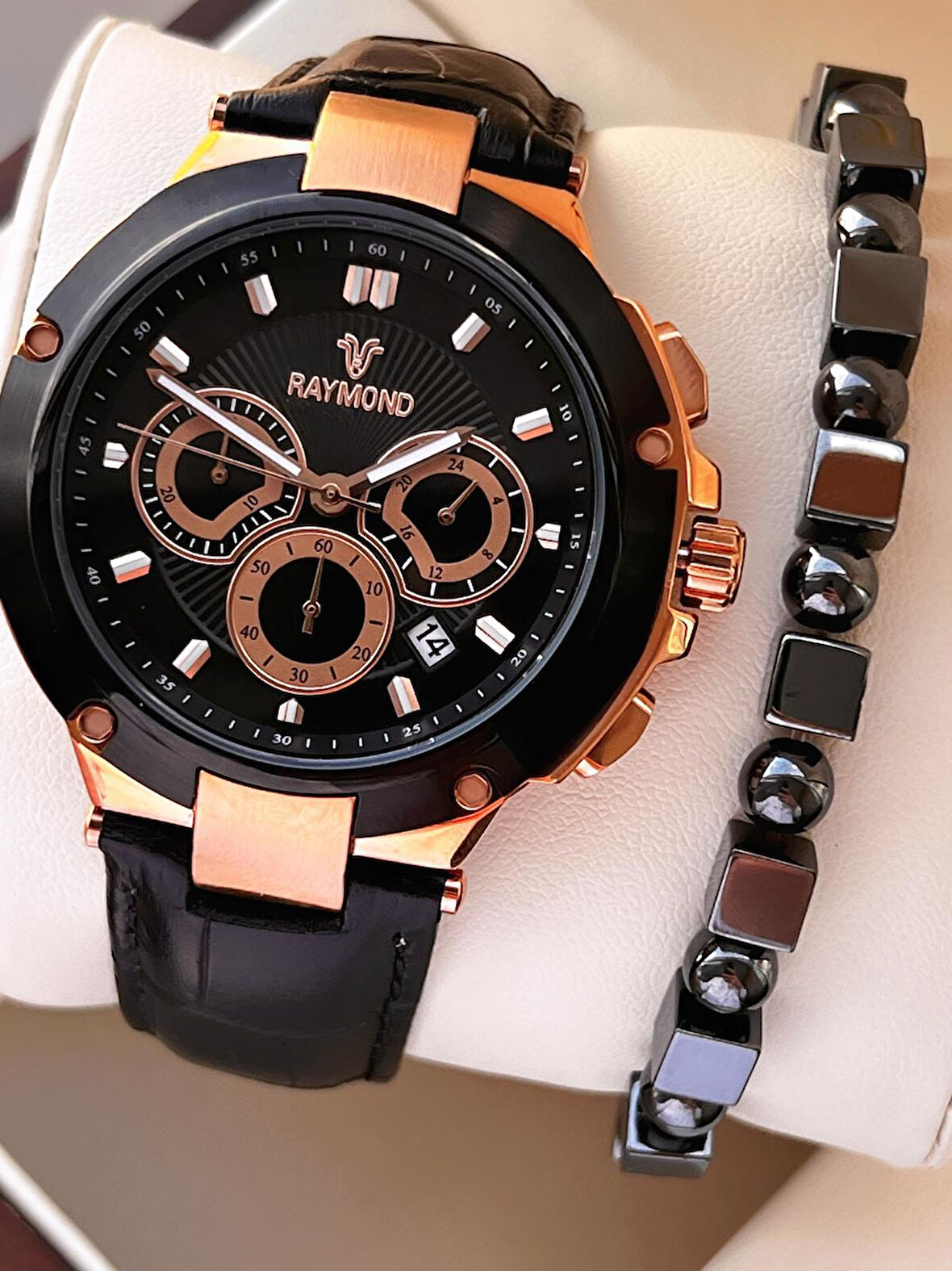 Raymond Nişan Ve Damatlara Özel Deri Kordon 2 Yıl Garantili 5 Atm Erkek Kol Saati+Bileklik RMD.45