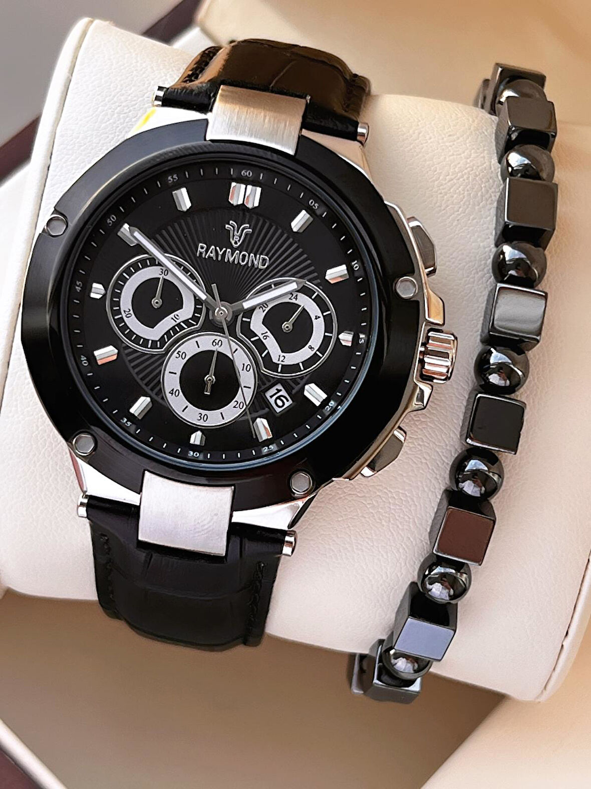 Raymond Nişan Ve Damatlara Özel Deri Kordon 2 Yıl Garantili 5 Atm Erkek Kol Saati+Bileklik RMD.46