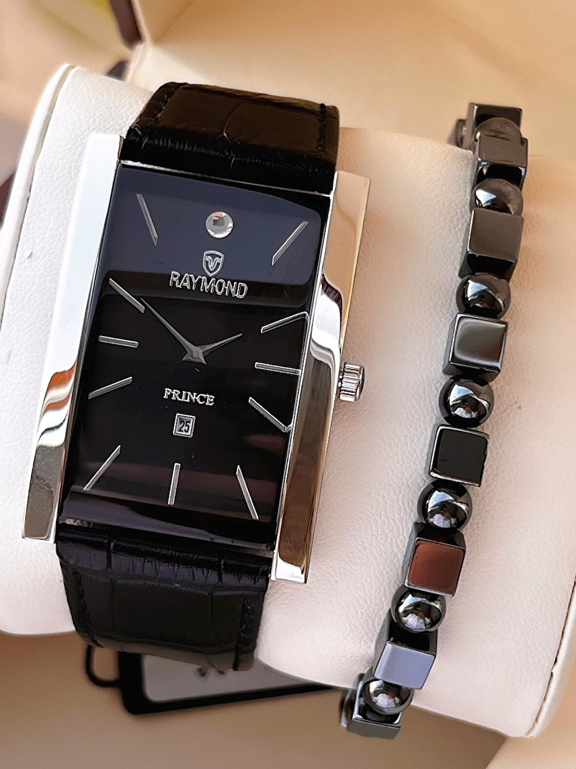 Raymond Nişan Ve Damatlara Özel Deri Kordon 2 Yıl Garantili 5 Atm Erkek Kol Saati+Bileklik RMD.46