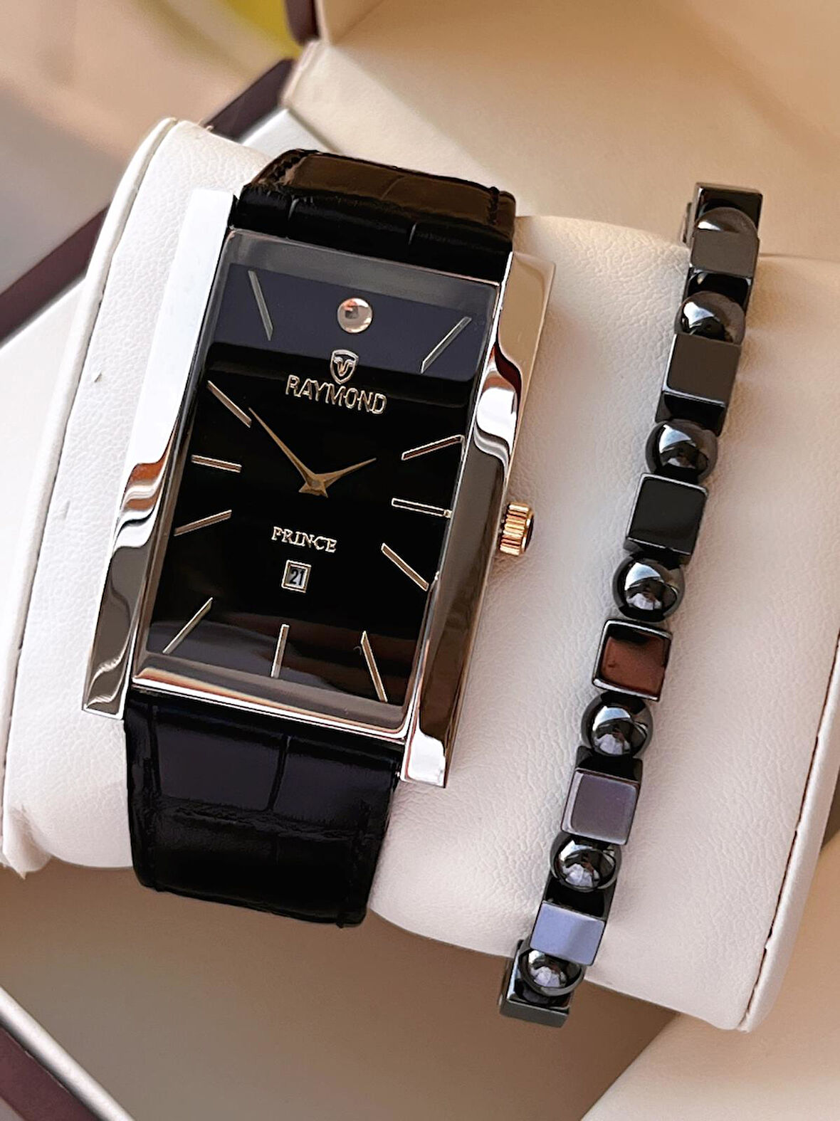 Raymond Nişan Ve Damatlara Özel Deri Kordon 2 Yıl Garantili 5 Atm Erkek Kol Saati+Bileklik RMD.48