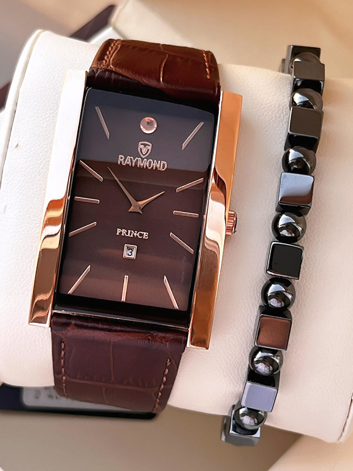 Raymond Nişan Ve Damatlara Özel Deri Kordon 2 Yıl Garantili 5 Atm Erkek Kol Saati+Bileklik RMD.49