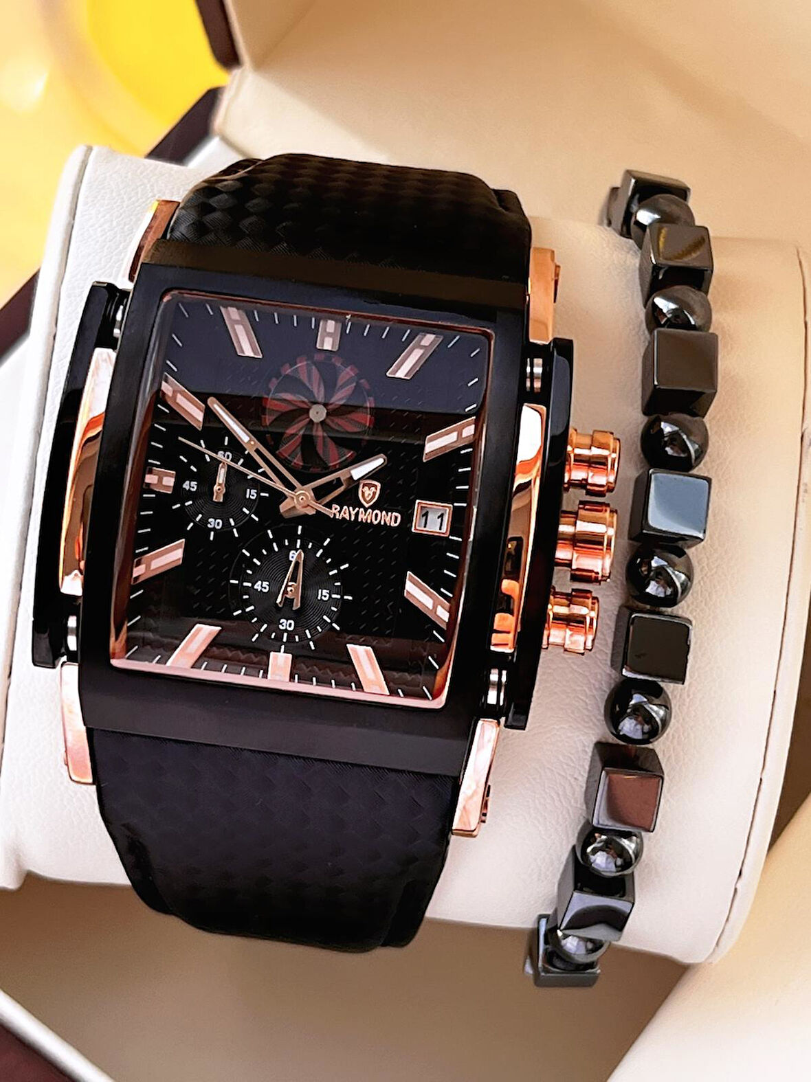 Raymond Nişan Ve Damatlara Özel Deri Kordon 2 Yıl Garantili 5 Atm Erkek Kol Saati+Bileklik RMD.54
