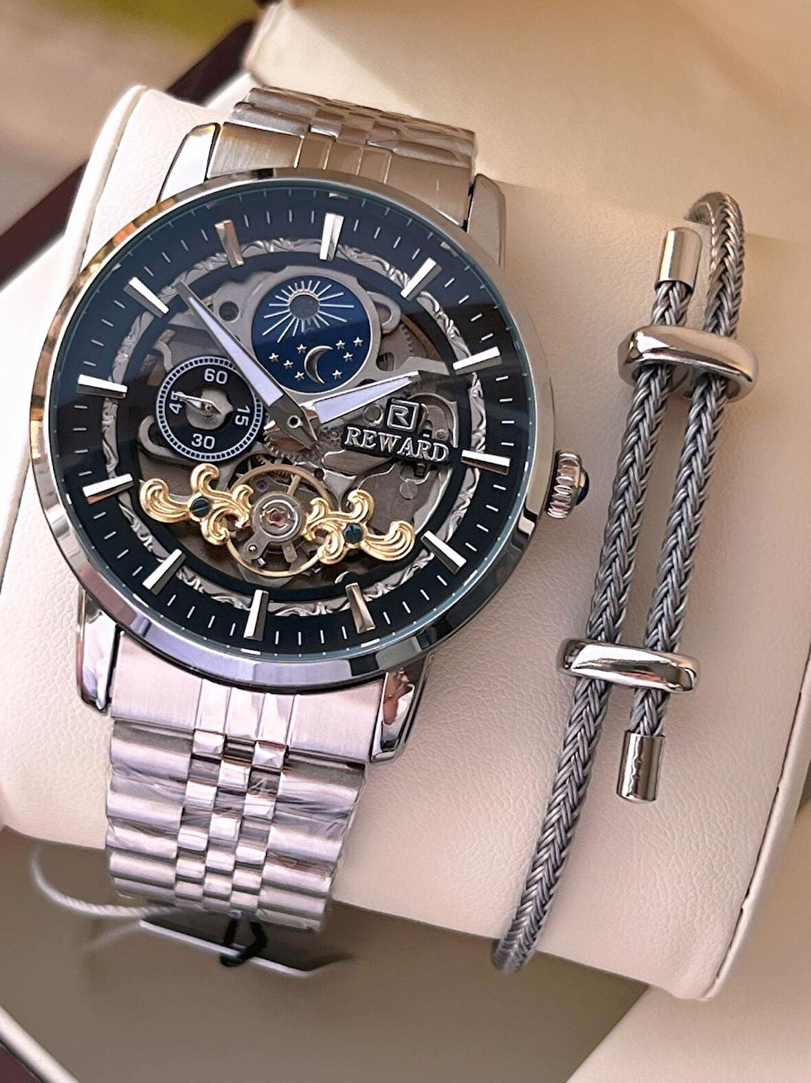 Reward Özel Tasarım Otomatik Mekanizma Çelik Kordon 5 Atm Suya Dayaknıklı Erkek Kol Saati W.14626.1