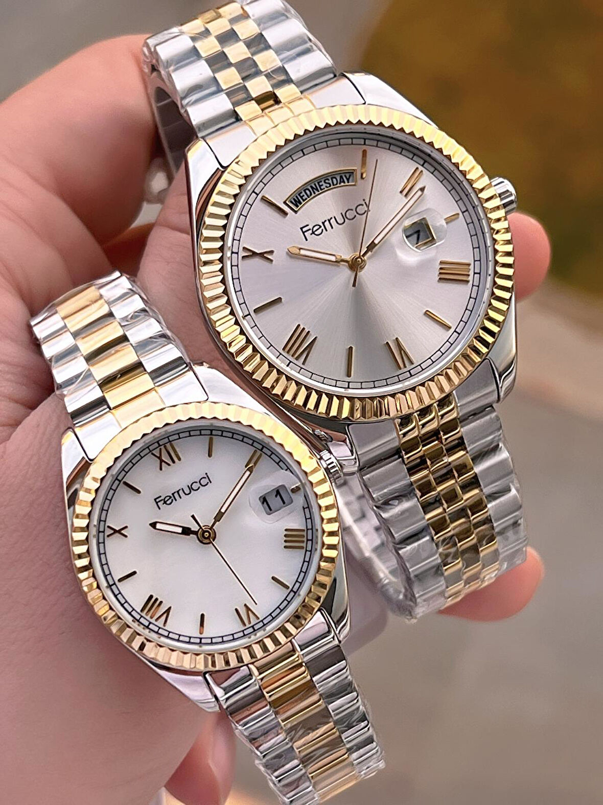 Ferrucci Çiftlere Özel Çelik Kordon Takvimli Kadran Sevgili Kombini Özel Çift Saati CFT.13029C01