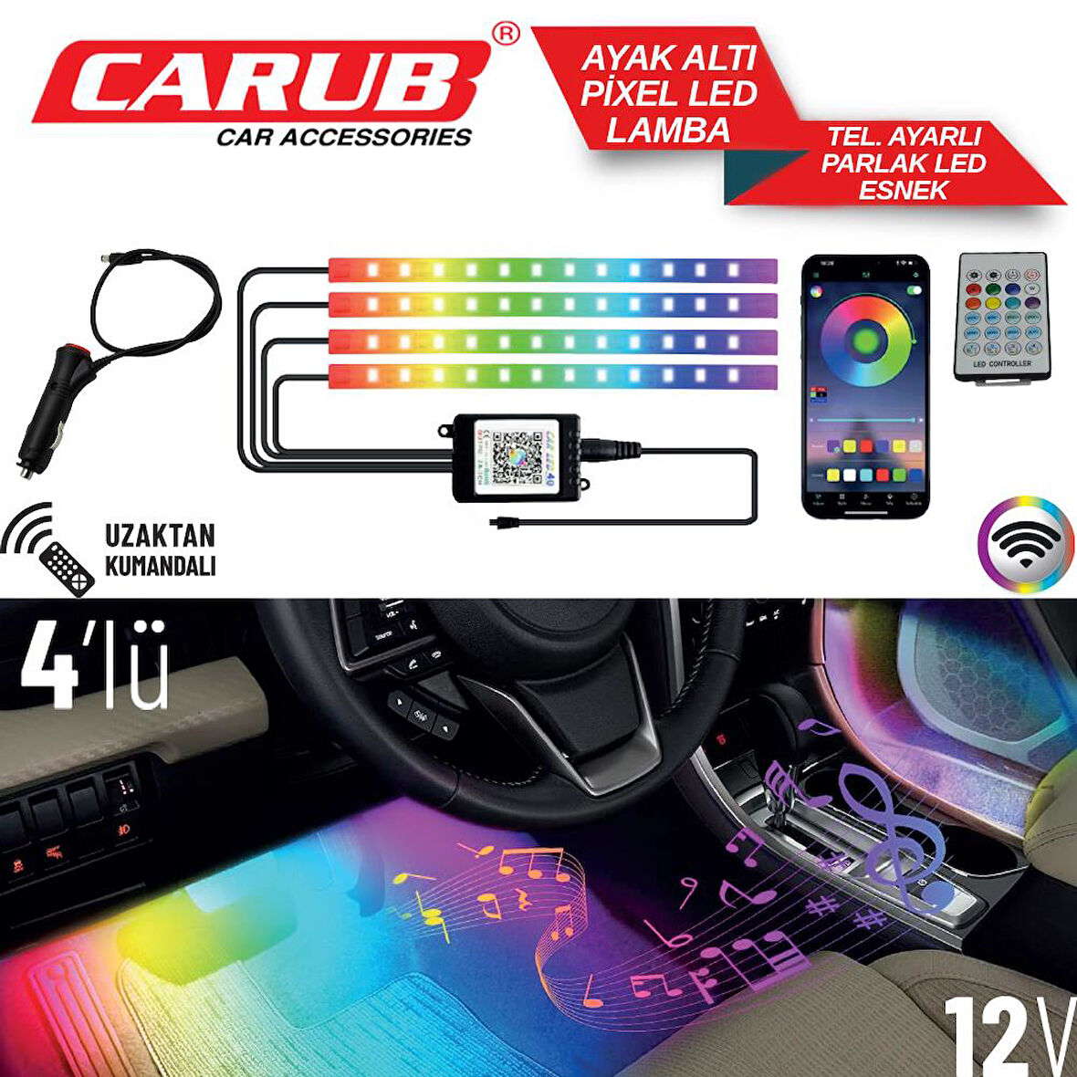 Ayak Altı Pixel led Telefon Ayarlı 48 Led 4 Parça 