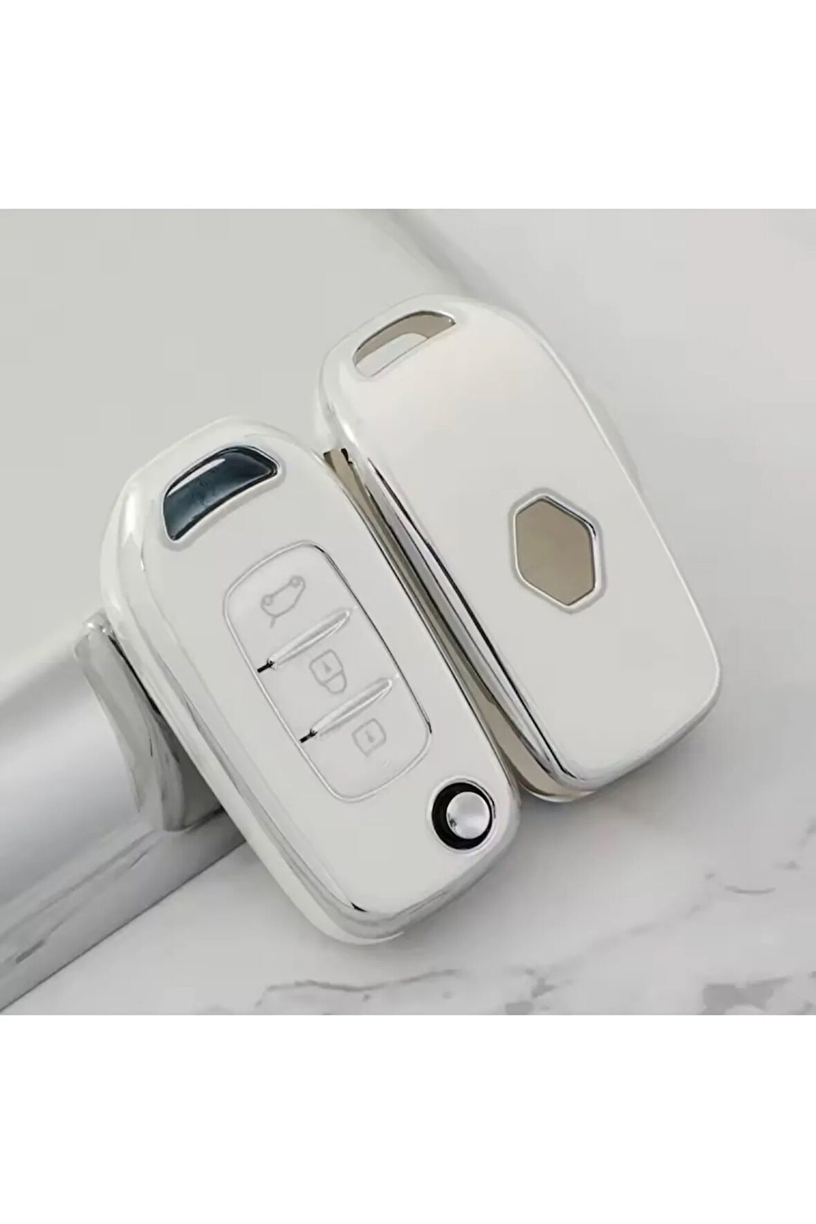 Renault Captur Sustalı Anahtar Kılıfı Beyaz-Silver