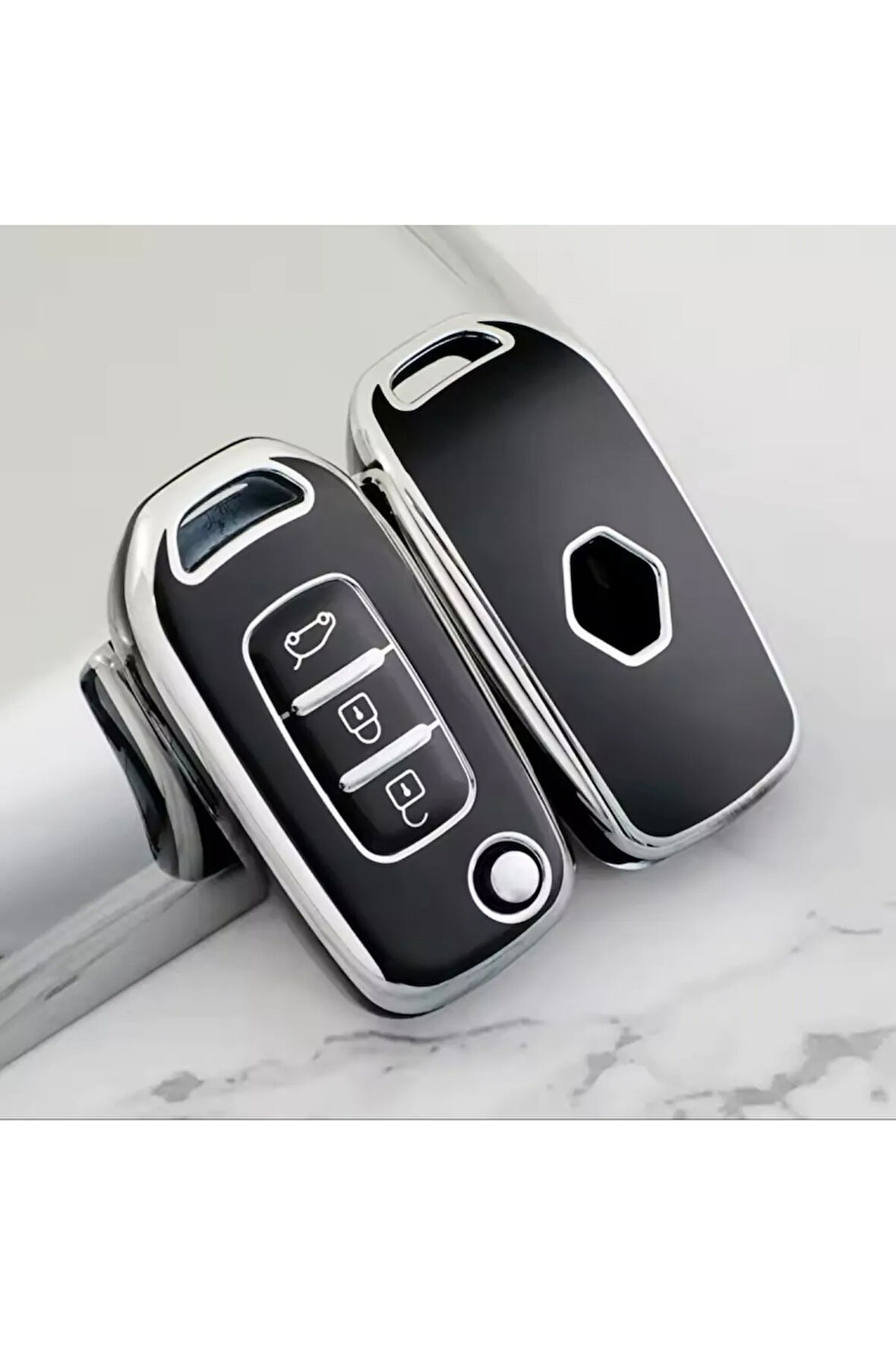 Renault Kaleos Sustalı Anahtar Kılıfı Siyah-Silver