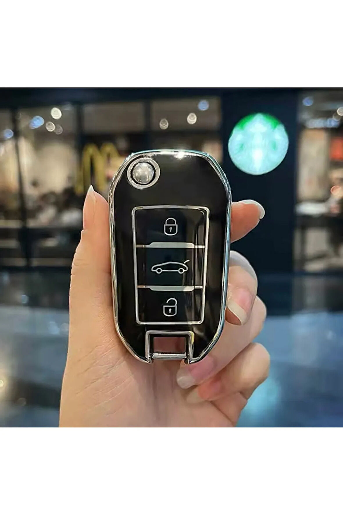 Peugeot 308 Siyah-Silver Sustalı Anahtar Kılıfı