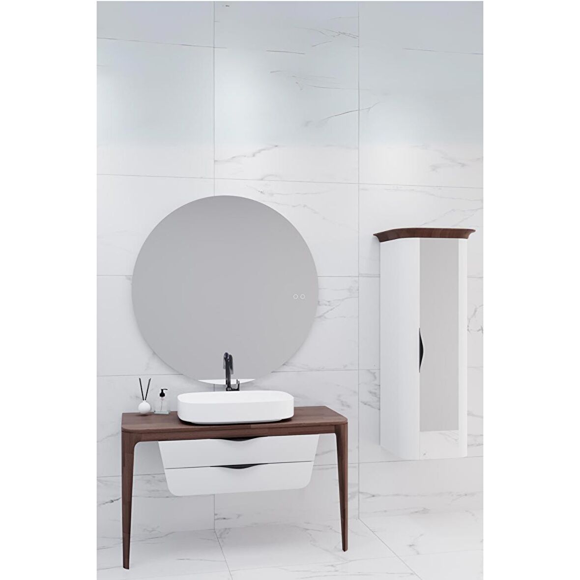 BREZZA 130 CM MASİF TEZGAH BEYAZ LAVABOLU BANYO DOLABI - BOY DOLAP DAHİL