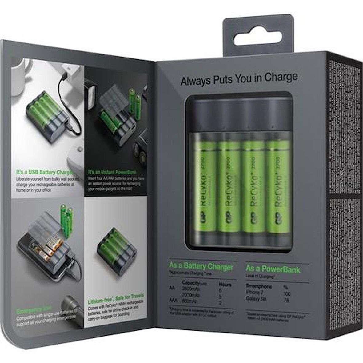 GP Pil Şarj Cihazı + Anlık Powerbank ve Recyko+ 4 Adet 2700 Aa Kalem Pilli Set