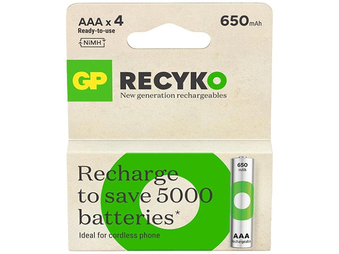 GP Batteries ReCyko 650 AAA İnce Kalem Ni-Mh Şarjlı Pil, 1.2 Volt, 4'lü Kart
