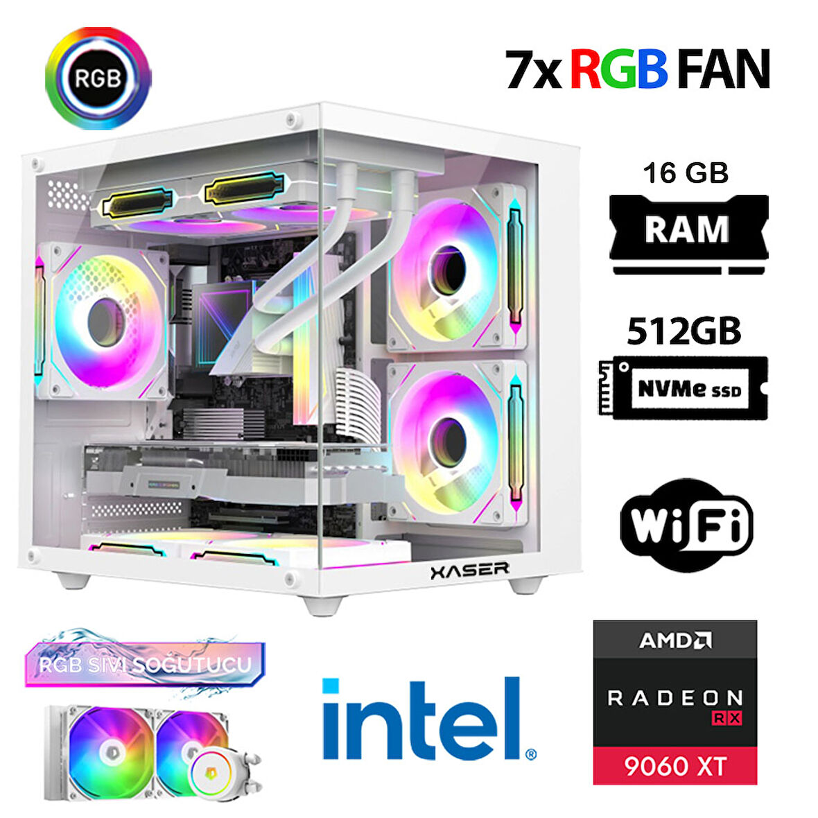 Xaser Eco X20 i7 12700KF 16GB DDR5 Ram 512GB M.2 NVMe SSD 16GB RX9060 XT Sıvı Soğutmalı Hazır Oyuncu Sistemi