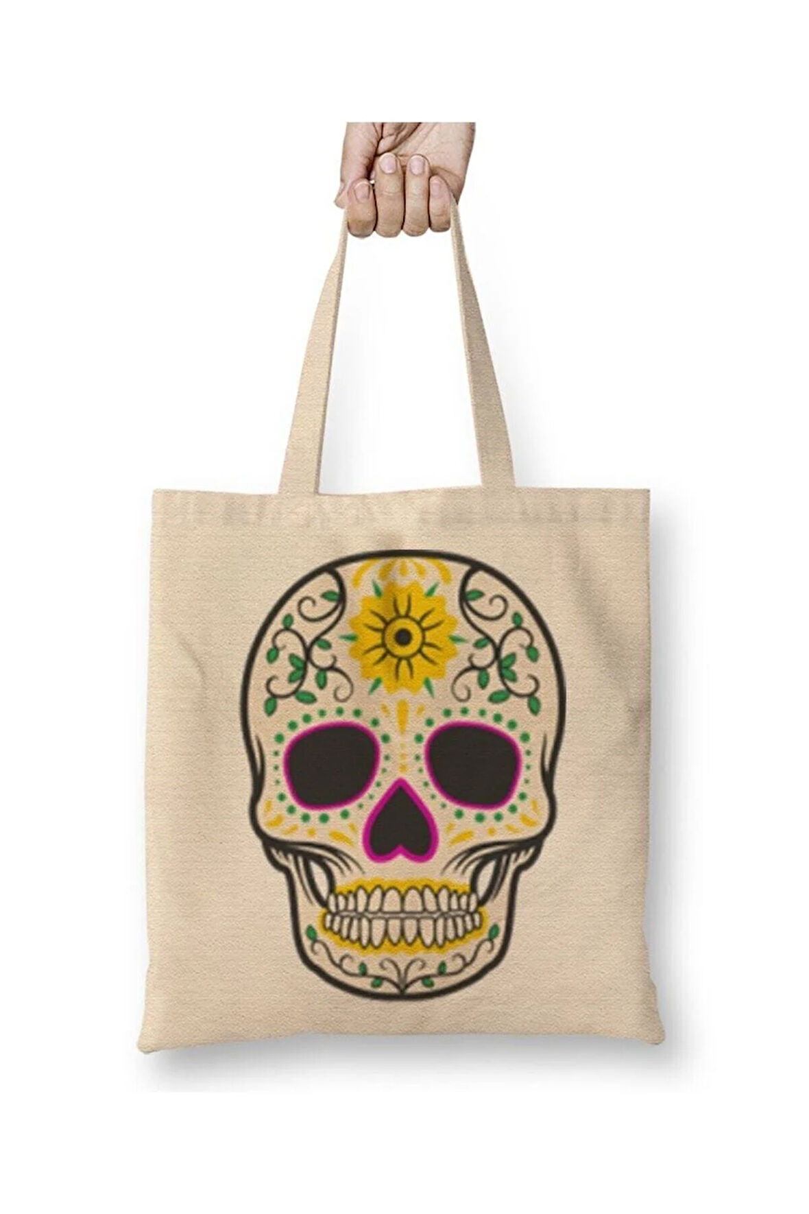 Desenli Kuru Kafa Beyaz Bez Çanta Uzun Saplı Alışveriş Çantası Plaj Çantası