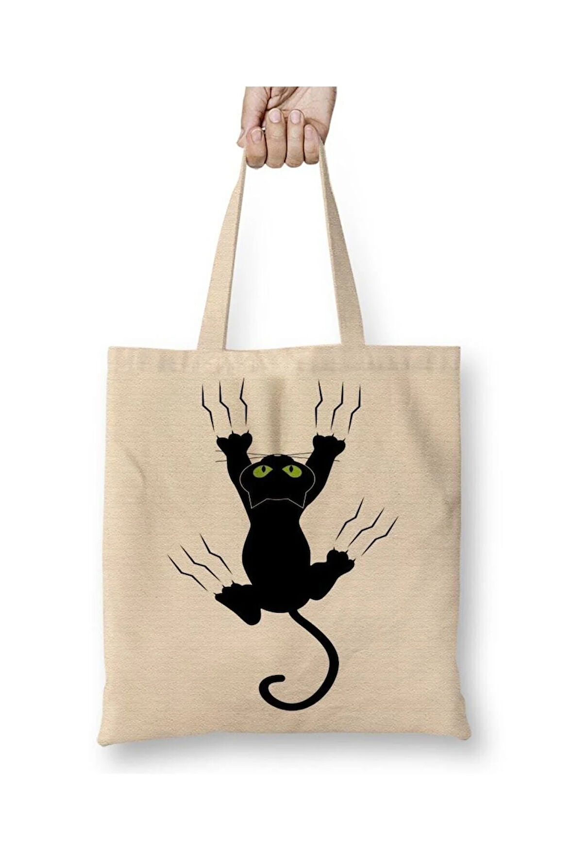 Gato Preto Cat Kedi Beyaz Bez Çanta Uzun Saplı Alışveriş Çantası Plaj Çantası