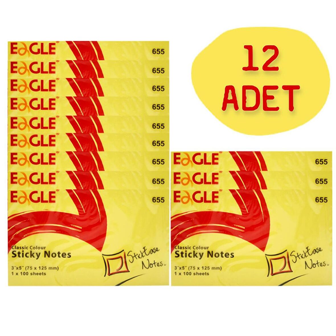 Eagle 75x125 mm Klasik Renk Yapışkanlı Not Kağıdı 100 Yaprak Sarı (655) 12 Adet