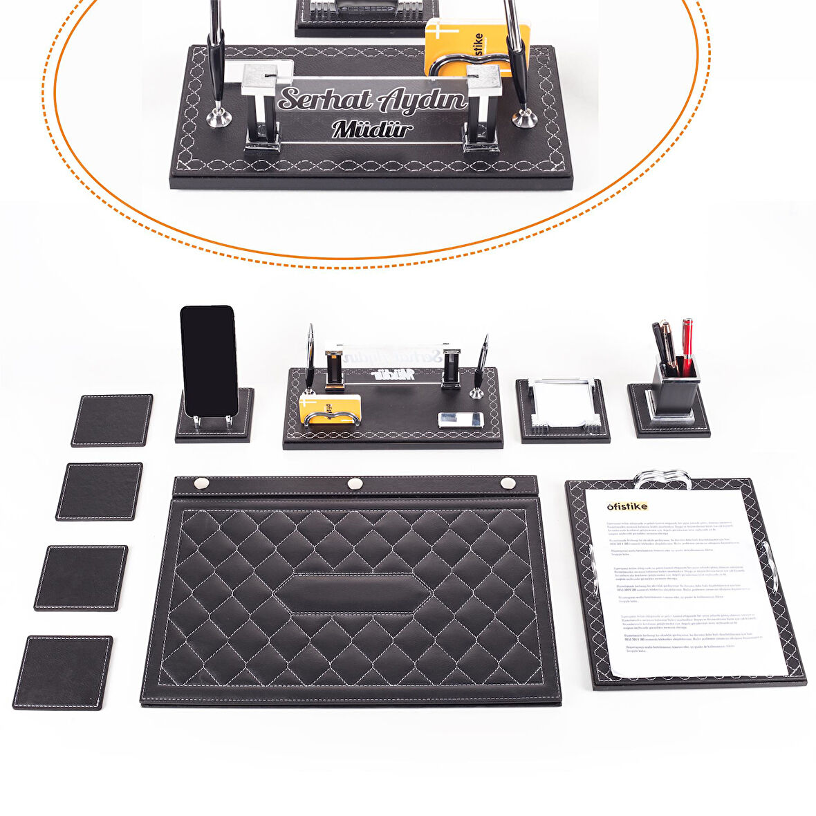 Delux Siyah Evrak Standlı Baklava Desenli Deri Sümen Takımı İsme Özel Masa İsimliği İsimlik Seti