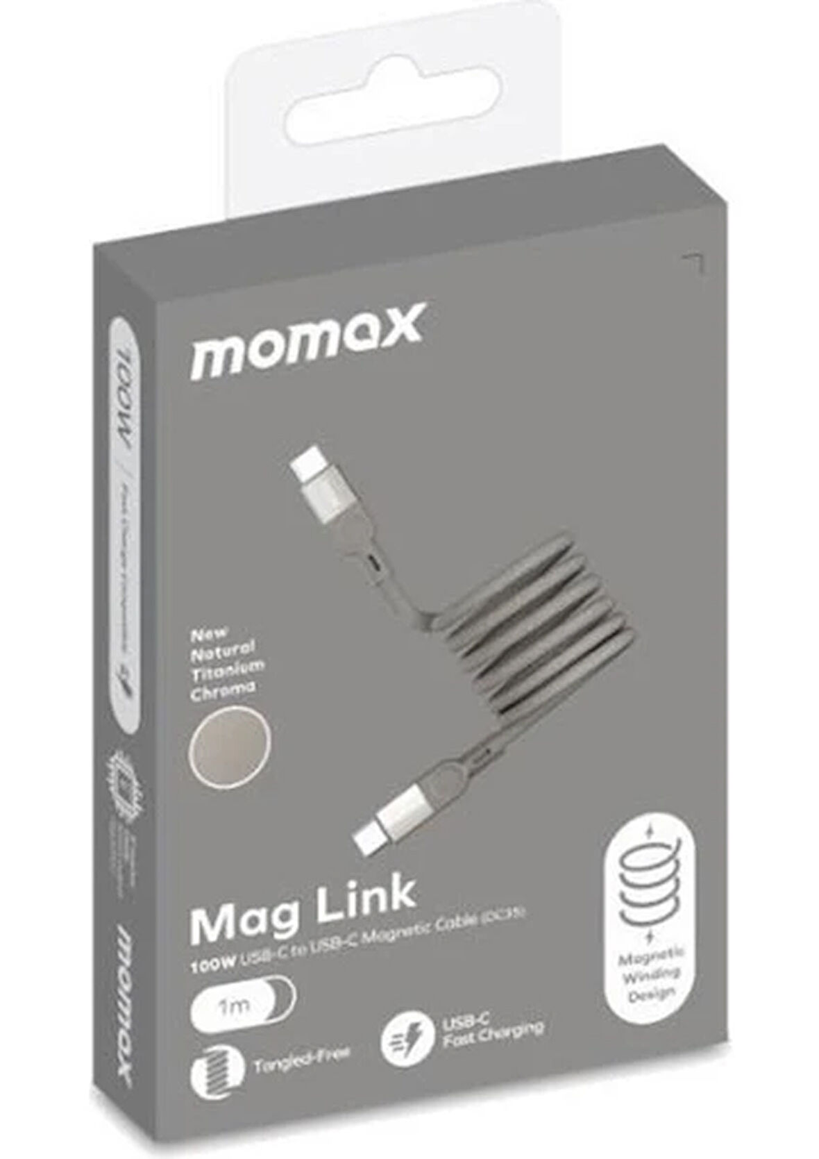 Momax Mag Link 100W USB-C - Manyetik 1m Kablo - DC35L Doğal Titanyum