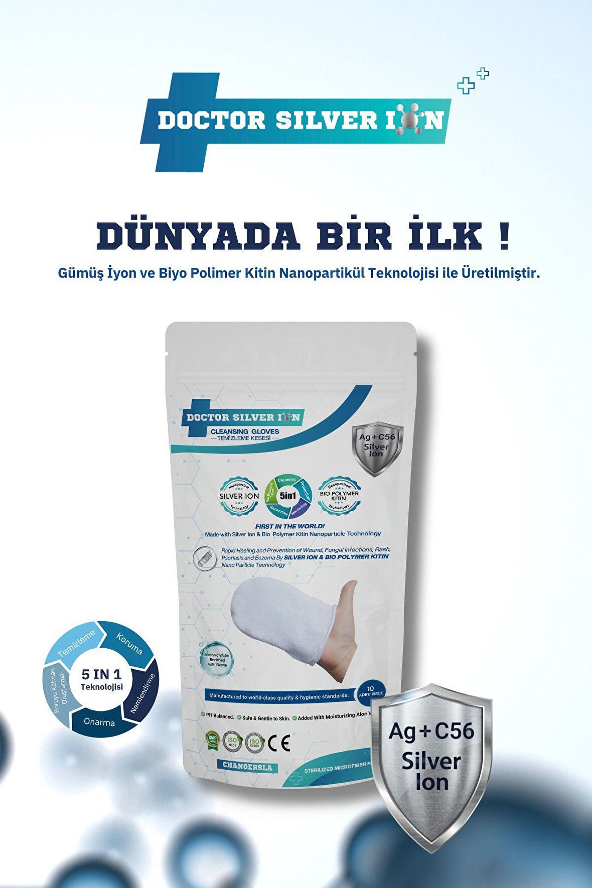 Gümüş Iyon & Biyopolimer Kitin Duruluma Gerektirmeyen 10'lu Kremli Vücut Temizleme Kesesi (1 Paket)