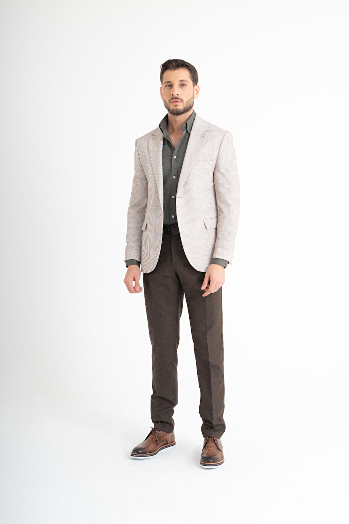 Düz Çizgili Takım Elbise - Bej-Kahverengi 48