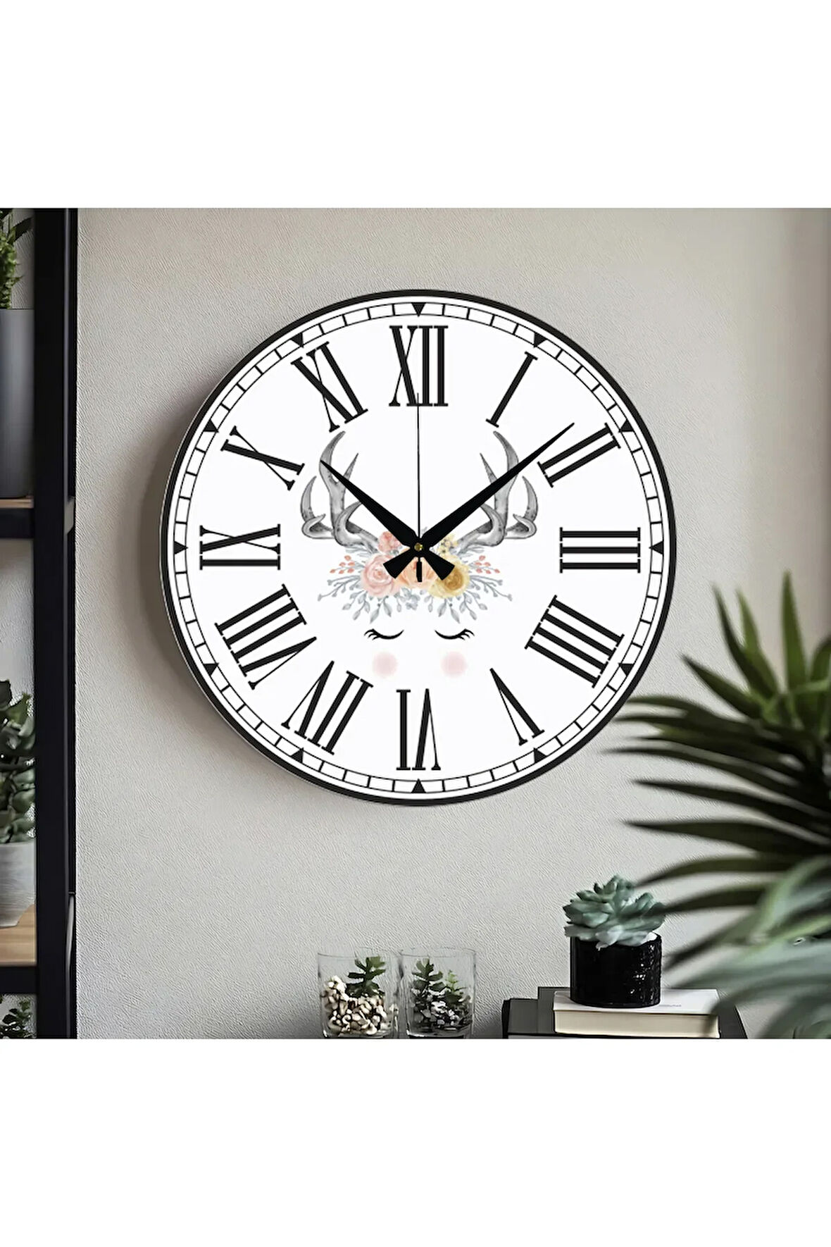 Çiçek desenli Dekoratif Türkçe Rakamlı UV Baskılı Duvar Saati (Sessiz) Akar Mekanizma Metal Akrep