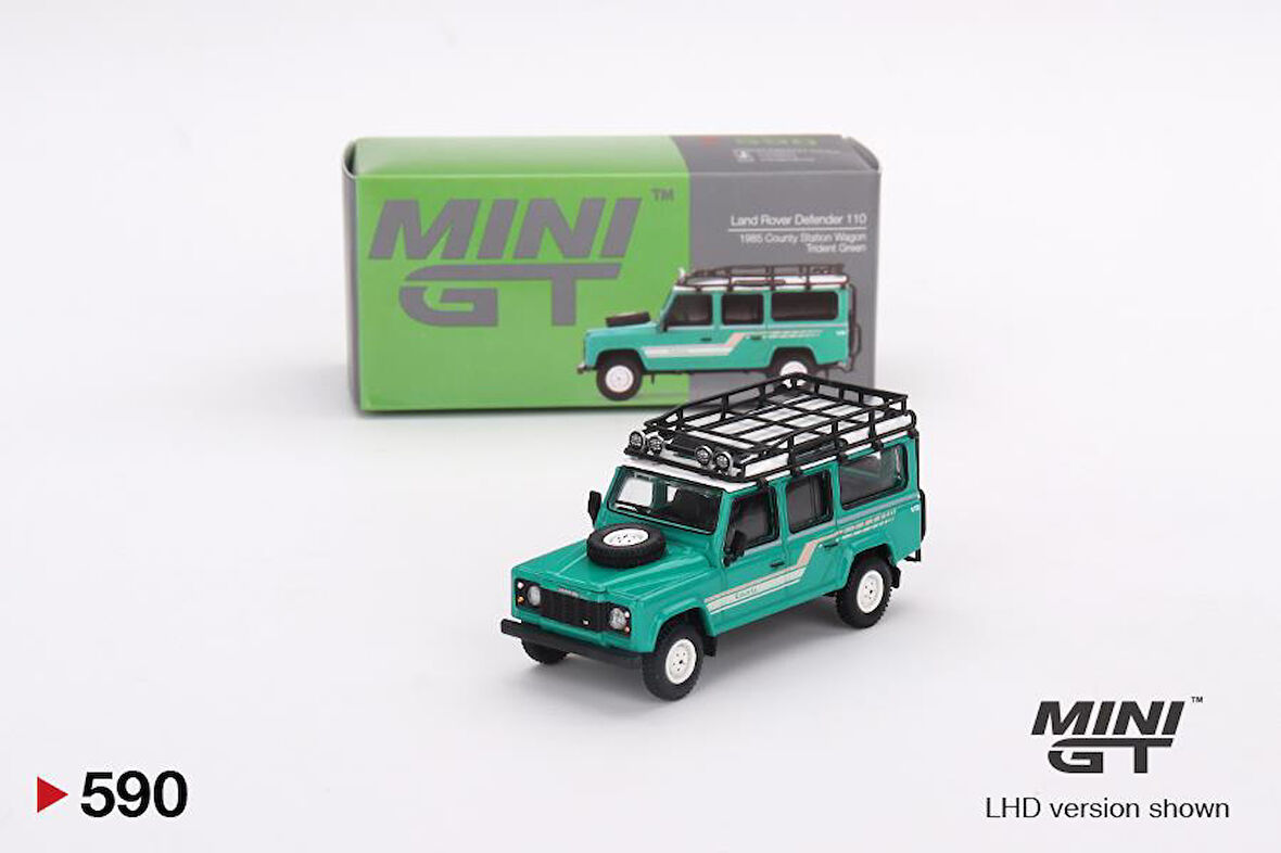 Mini GT Land Rover Defender 110 1985 County Station Wagon Trident Green 590