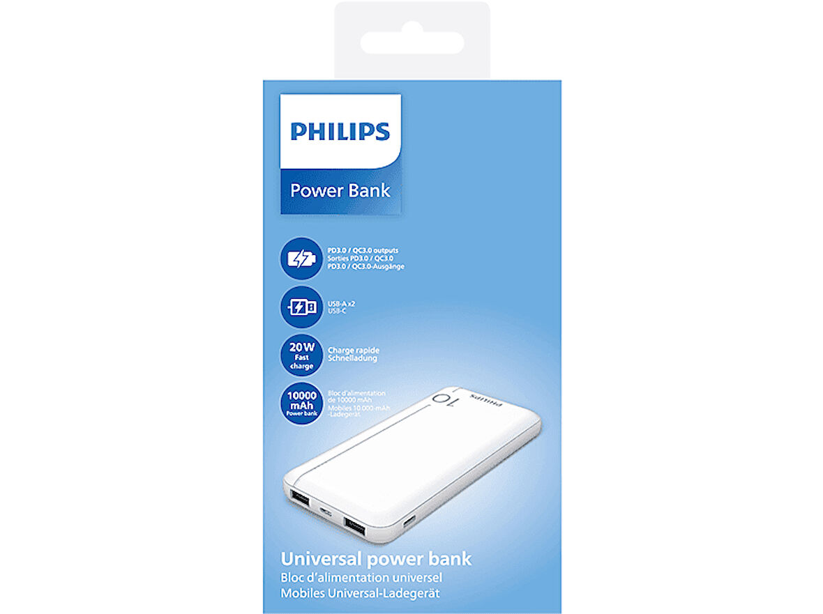 PHILIPS DLP1812PW 10.000 mAh 2xUSB-A  2.1A USB-C Çıkış PD Taşınabilir Şarj Cihazı Beyaz