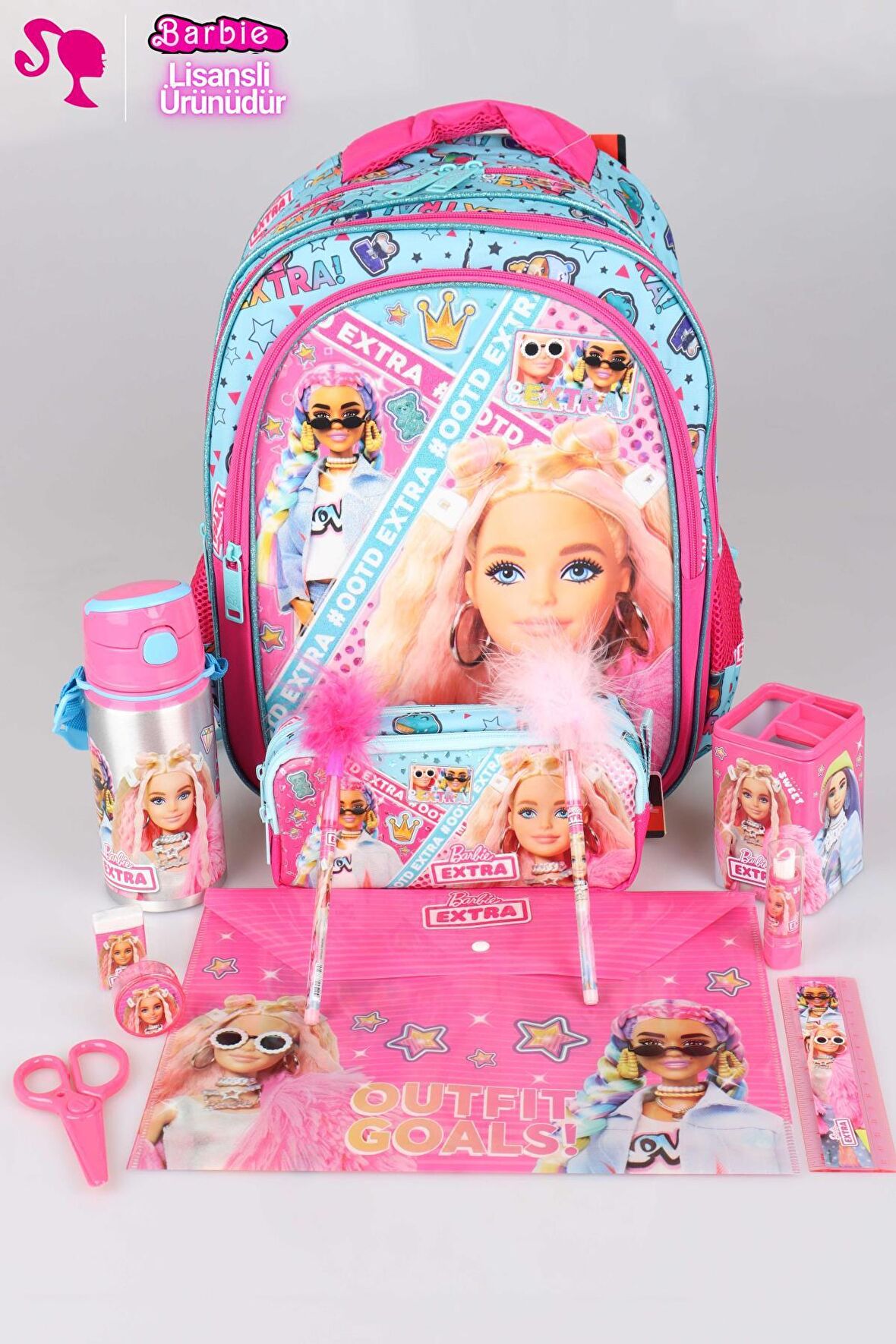 DEKOMUS İLE LİSANSLI "PEMBE MAVİ PRENSES KOLEKSİYONU" BARBIE 3 BÖLMELİ OKUL ÇANTASI VE KIRTASİYE SETİ