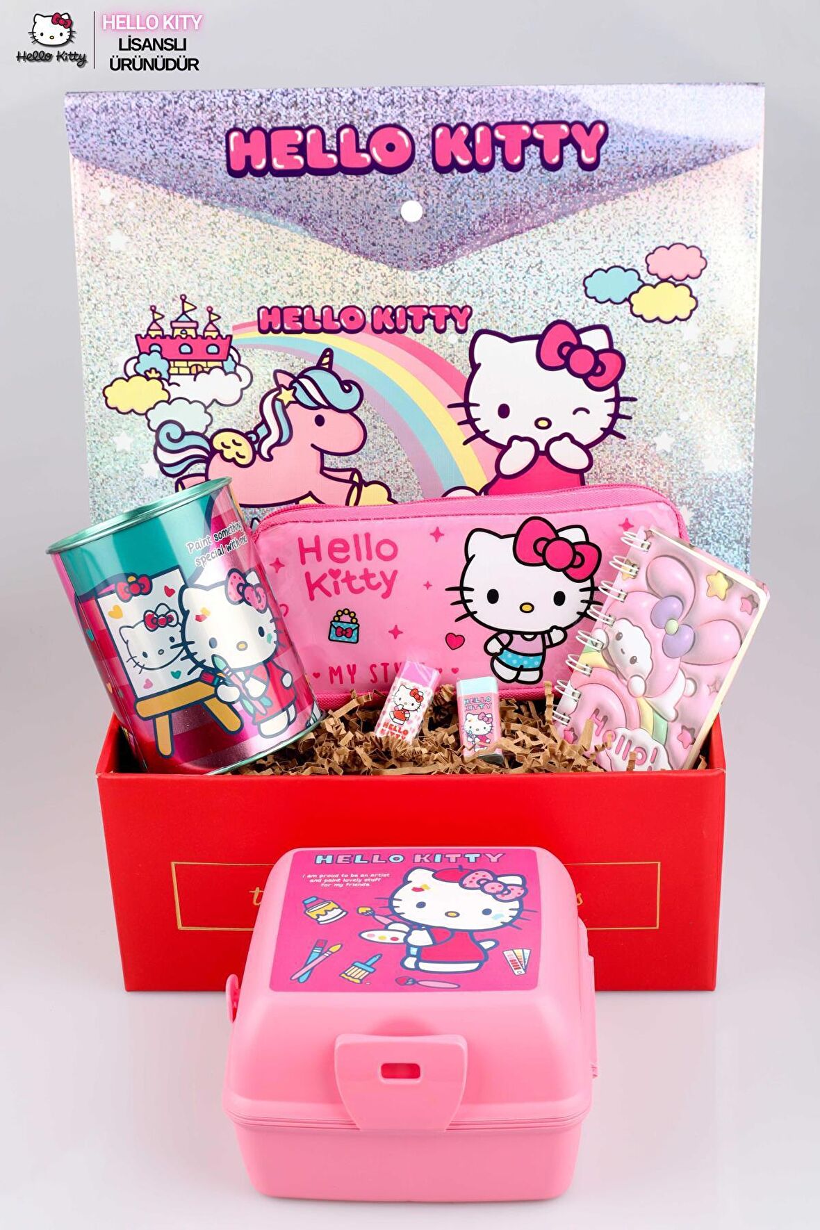 DEKOMUS İLE ÖZEL KUTULU LİSANSLI HELLO KITTY KALEM ÇANTASI İLE KIRTASİYE OKUL SETİ