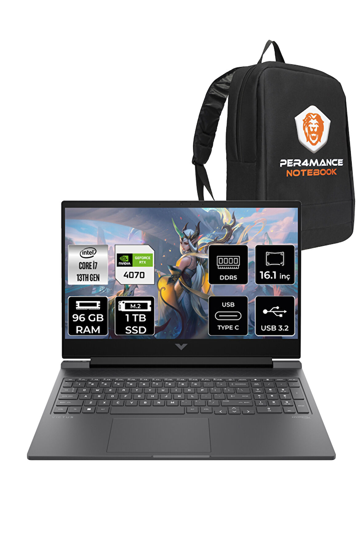 HP Victus 16 i7 13700H 96GB DDR5 1TB SSD RTX4070/8GB 144Hz 16.1'' FDOS Gaming Laptop & PER4 ÇANTA