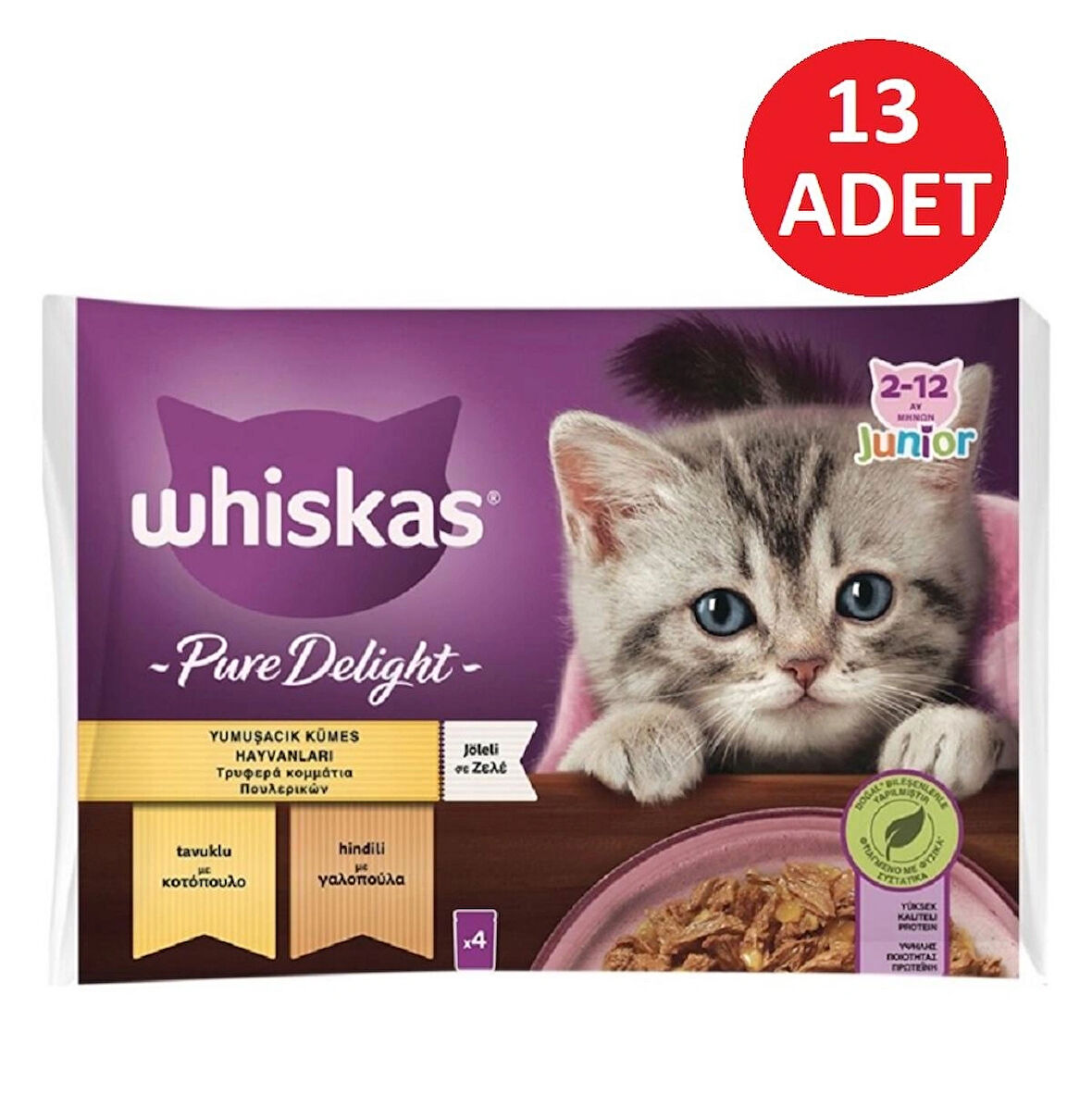 Whiskas Pure Deligt Junıor Tavuk ve Hindili Yavru Kedi Poşet Mama 85 G 4'lü paket x13 Adet(52 adet yaş mama)