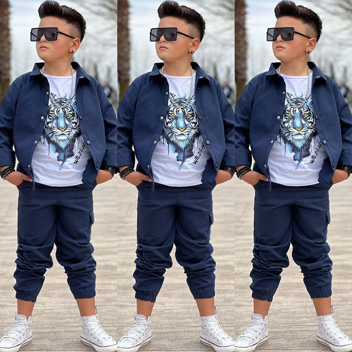 MODAVALS GABARDİN GÖMLEK KARGO CEP PANTOLON ve KAPLAN BASKILI TSHIRT 3 PARÇA ERKEK ÇOCUK TAKIM 