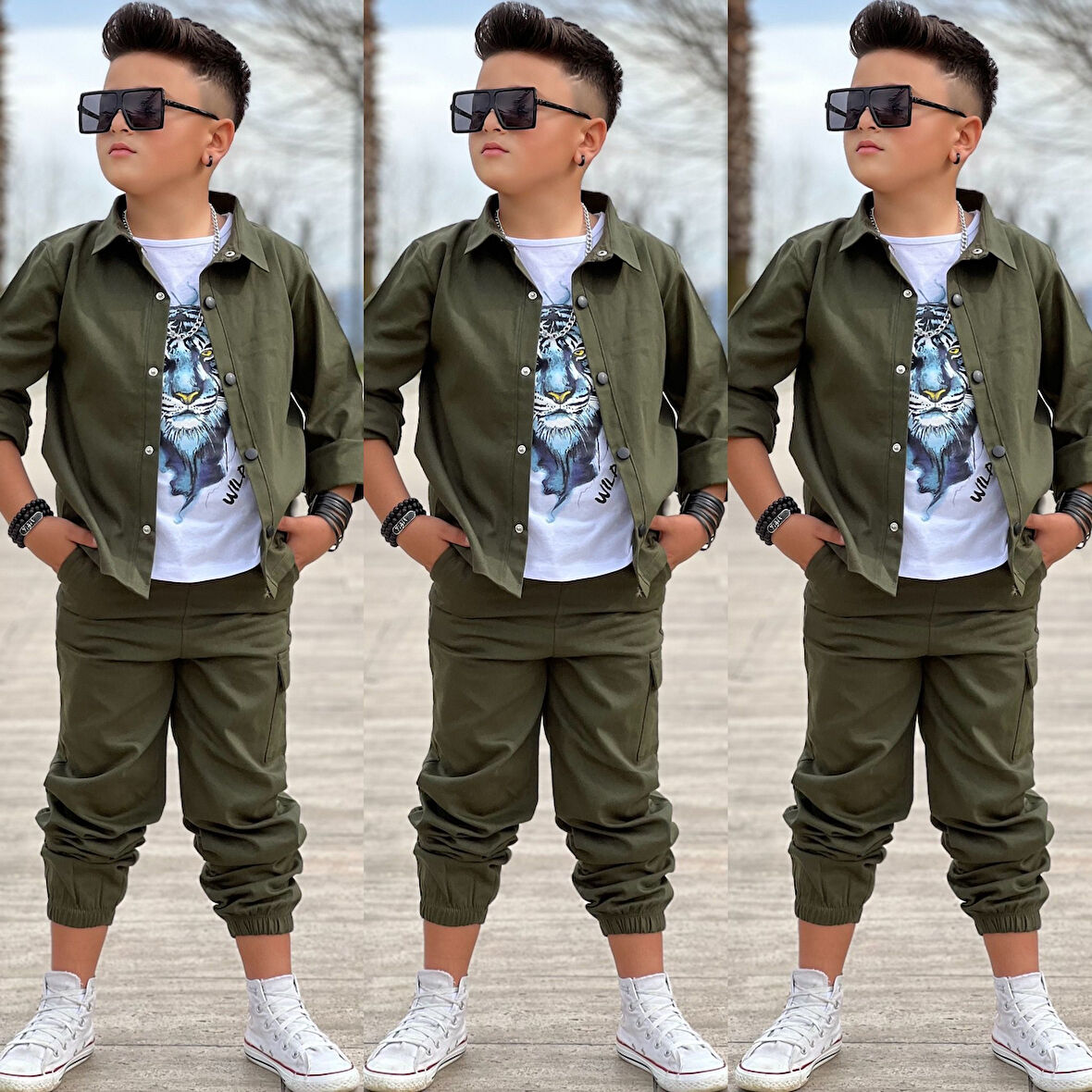 MODAVALS GABARDİN GÖMLEK KARGO CEP PANTOLON ve KAPLAN BASKILI TSHIRT 3 PARÇA ERKEK ÇOCUK TAKIM 