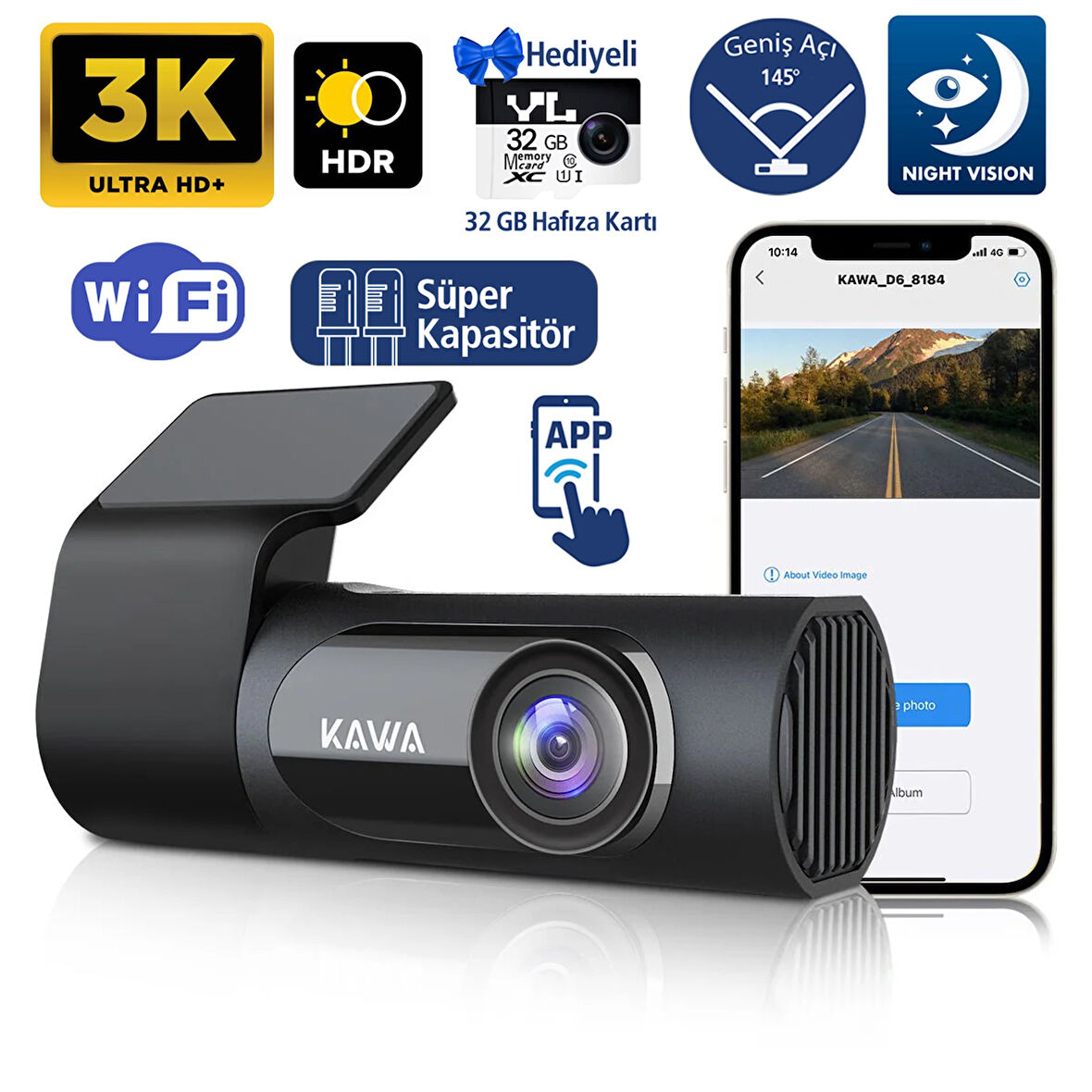 Kawa D6 3K 1620P WDR WiFi 145° Geniş Açı Lens Araç Kamerası + 32GB Hafıza kartı