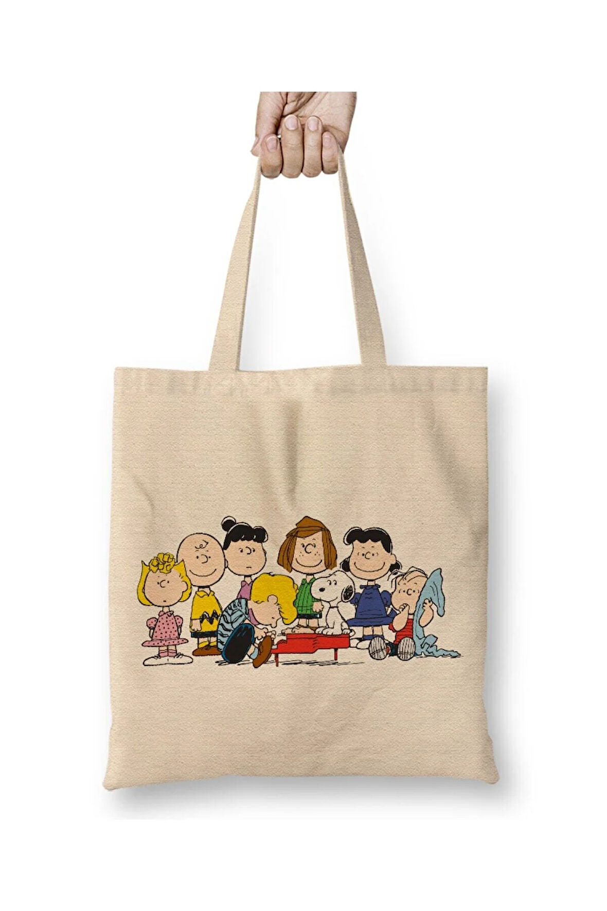 Snoopy And Friends Dogs Beyaz Bez Çanta Uzun Saplı Alışveriş Çantası Plaj Çantası