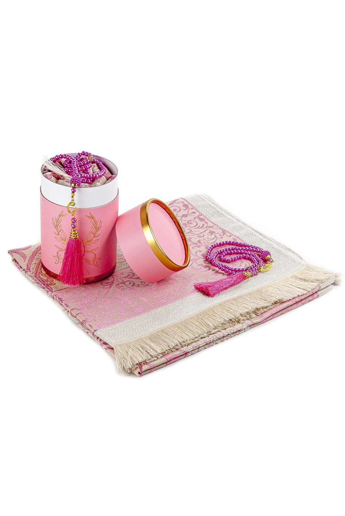 Biricik Anneme Seccadeli ve İnci Tesbihli Özel Silindir Kutulu Set - Pembe  Renk