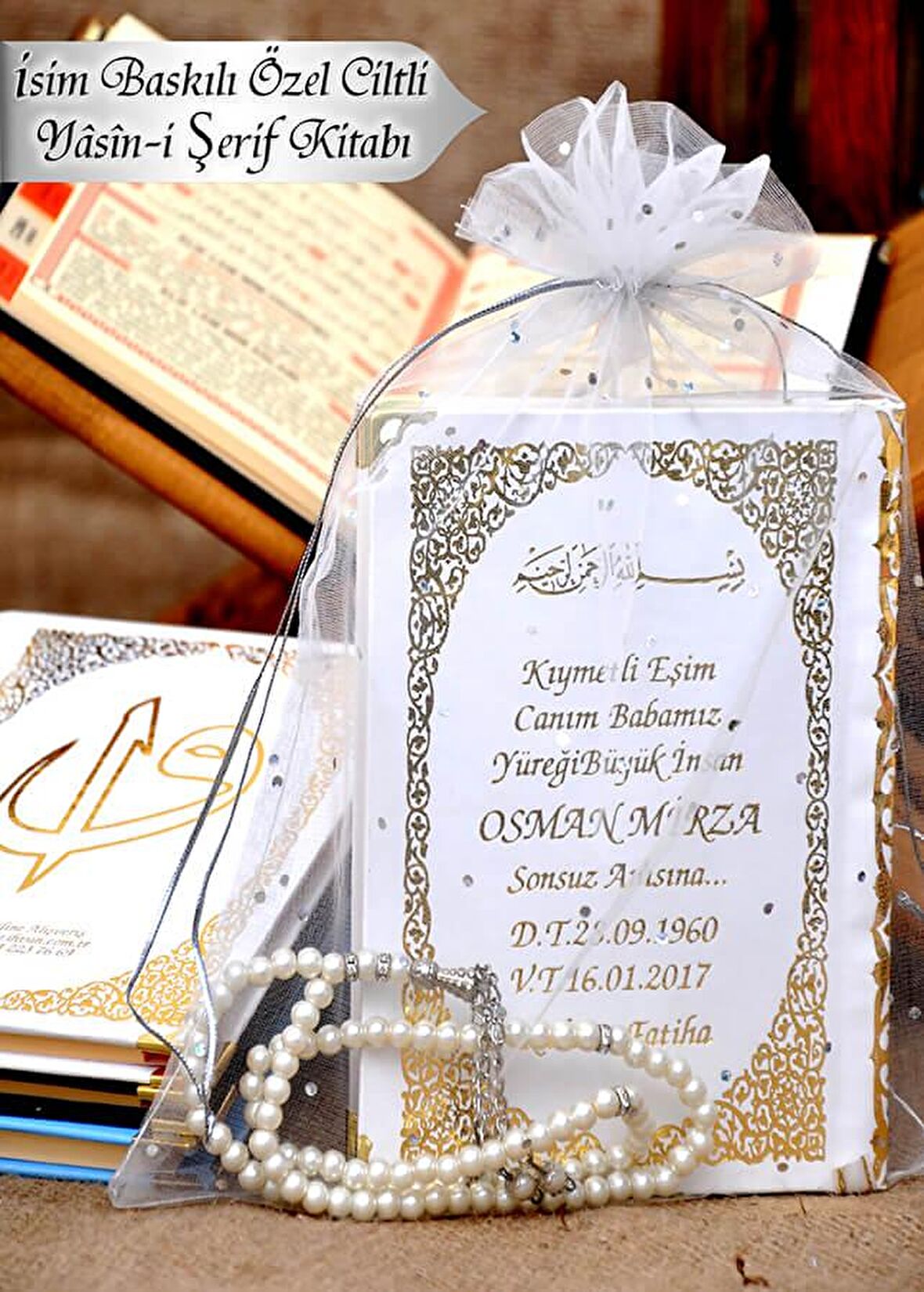50 ADET - İsim Baskılı Ciltli Yasin Kitabı - Çanta Boy - 128 Sayfa - İnci Tesbihli - Beyaz Renk - Mevlit Hediyesi