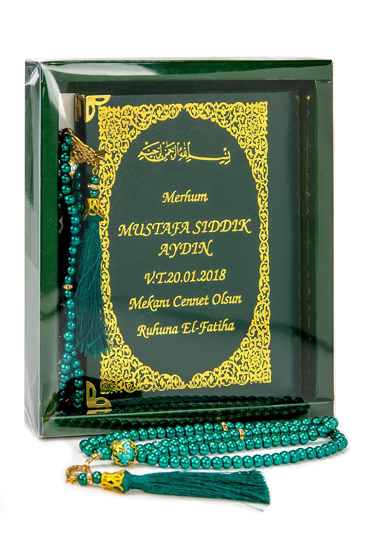 50 ADET - İsim Baskılı Ciltli Yasin Kitabı - Çanta Boy - 128 Sayfa - Kutulu - Vavlı İnci Tesbih - Yeşil Renk - Hediyelik Set