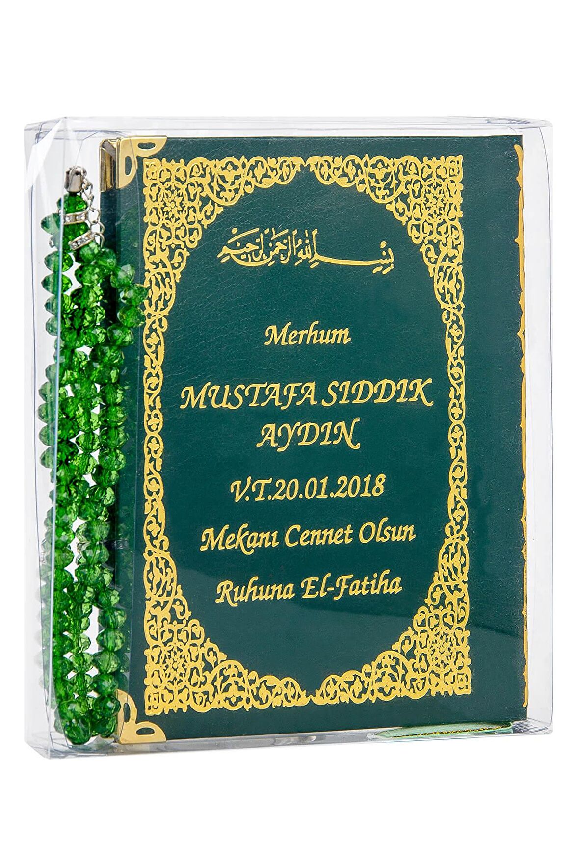 50 ADET - İsim Baskılı Ciltli Yasin Kitabı - Çanta Boy - 128 Sayfa - Tesbihli - Şeffaf Kutulu - Yeşil Renk - Dini Hediyelik Set