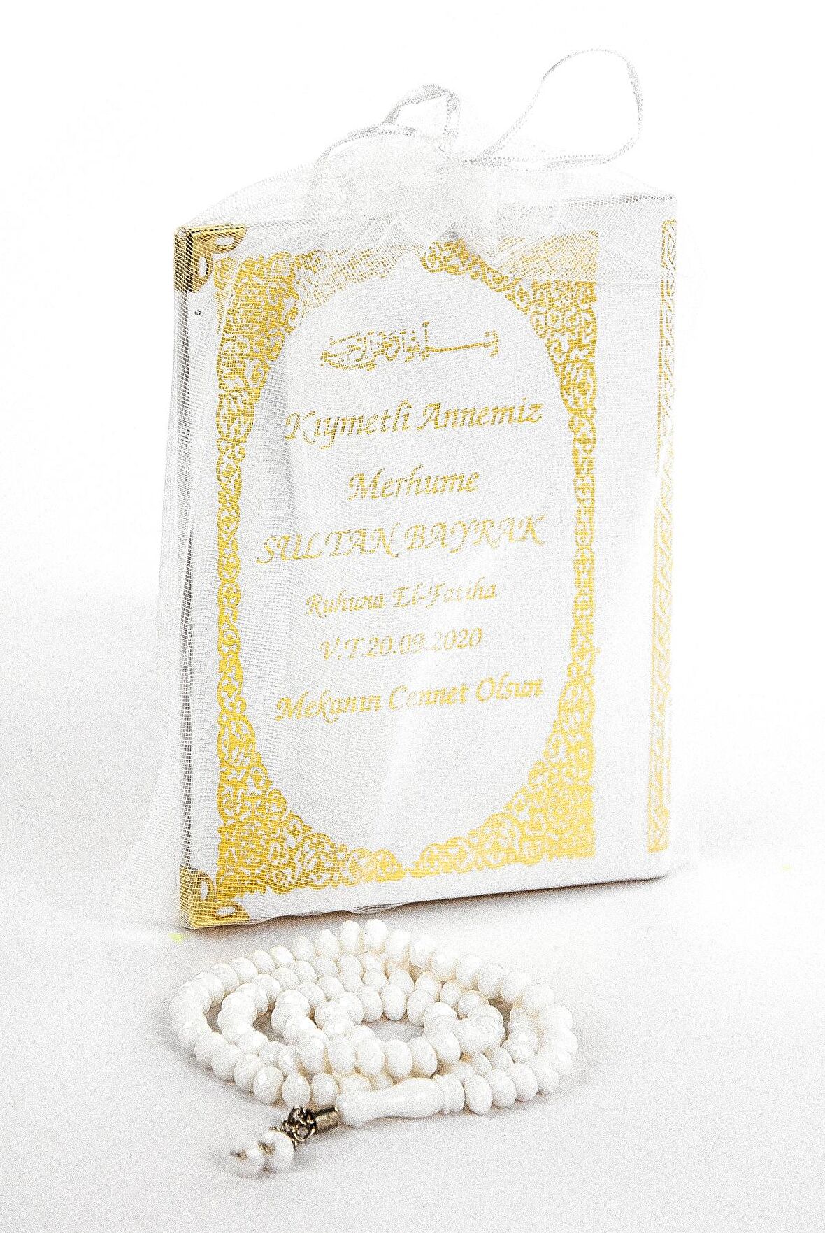 50 ADET - İsim Baskılı Ciltli Yasin Kitabı Çanta Boy 128 Sayfa Tesbihli Beyaz Renk Mevlit Hediyesi