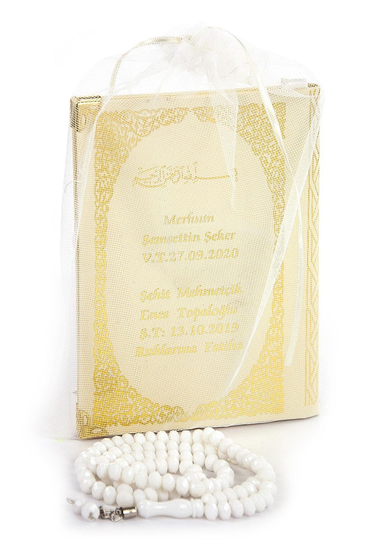 50 ADET - İsim Baskılı Ciltli Yasin Kitabı Çanta Boy 128 Sayfa Tesbihli Krem Renk Mevlit Hediyesi