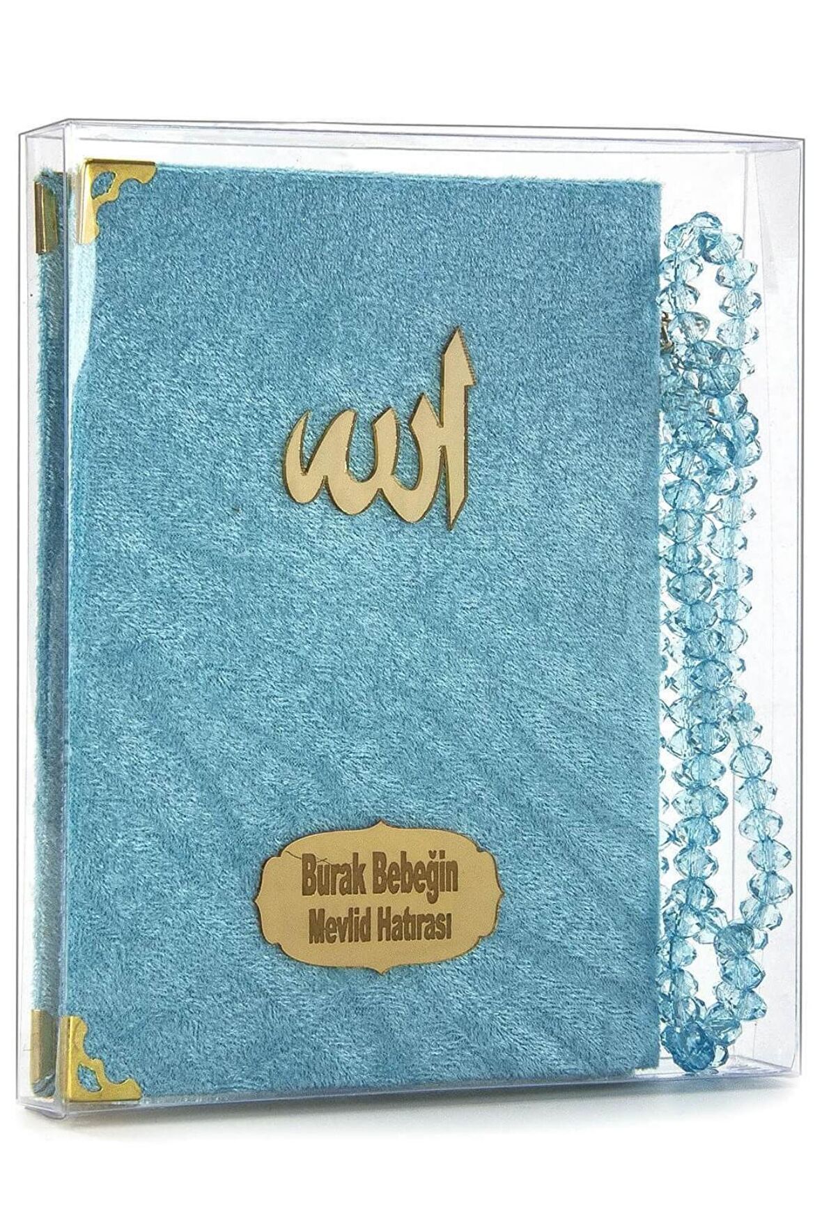 10 Adet Kadife Kaplı Yasin Kitabı - Çanta Boy - İsim Baskılı Plaka - Tesbihli - Şeffaf Kutulu - Mavi - Hediyelik Yasin Seti