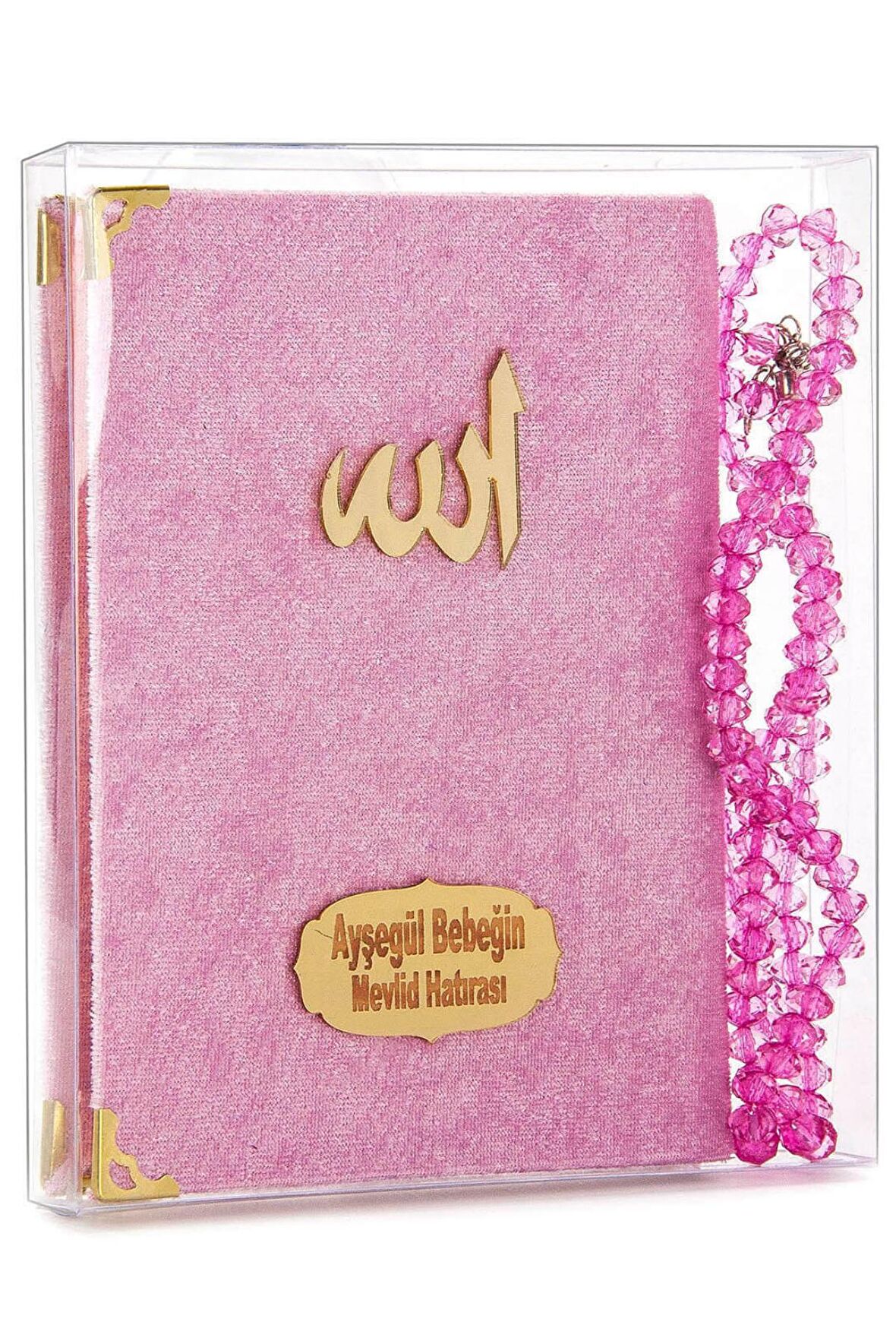 10 Adet Kadife Kaplı Yasin Kitabı - Çanta Boy - İsim Baskılı Plaka - Tesbihli - Şeffaf Kutulu - Pembe - Hediyelik Yasin Seti