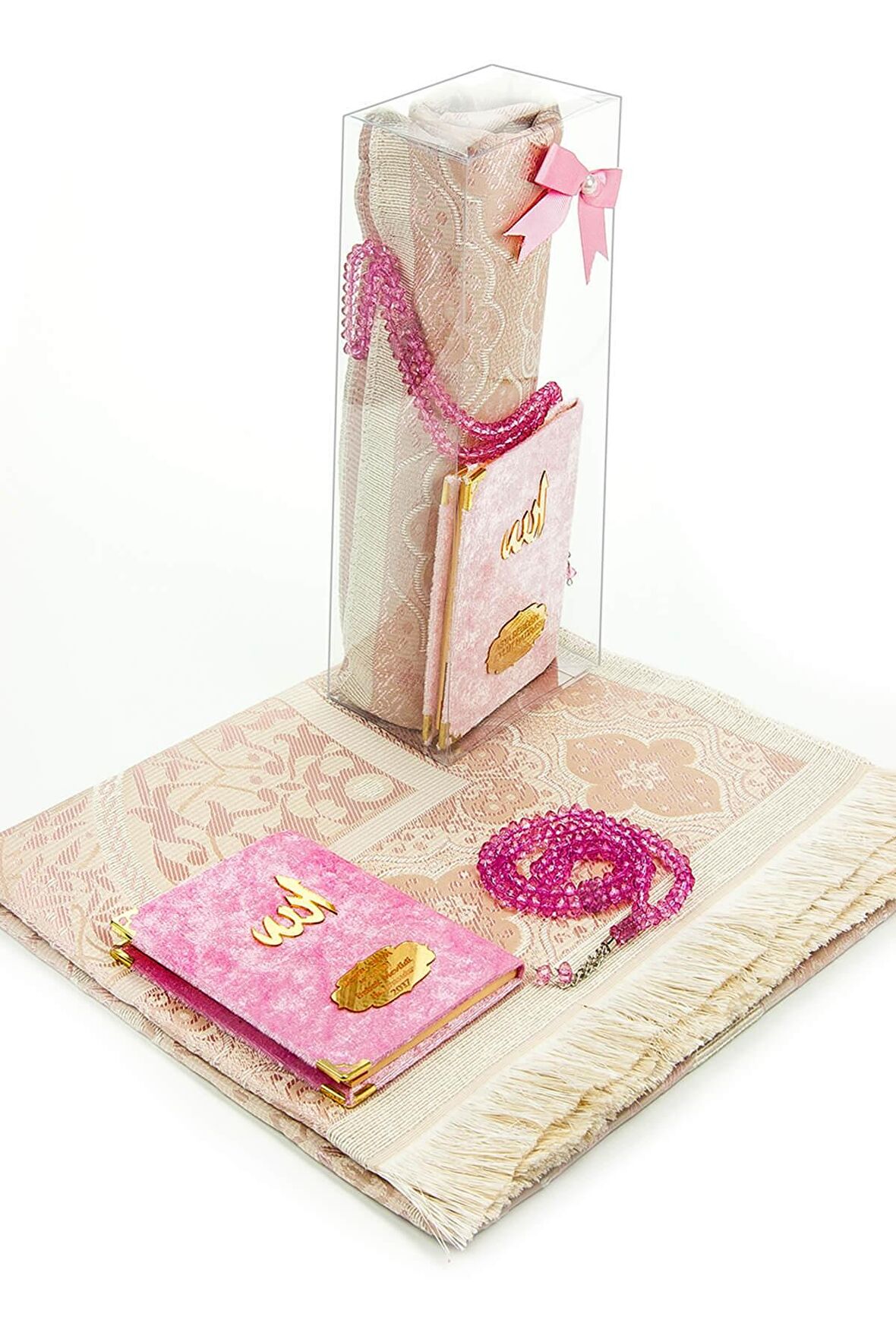 10 Adet Hediyelik Özel Set - Kadife Kaplı Yasin Kitabı - Cep Boy - İsme Özel Plakalı - Seccadeli - Tesbihli - Kutulu - Pembe
