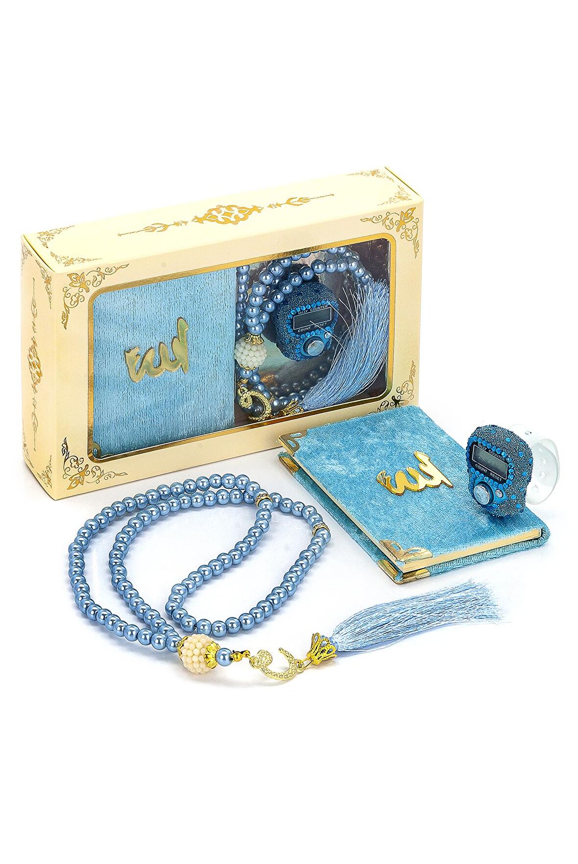 Taşlı Zikirmatik - Mini Kadife Yasin - İnci Tesbihli Hediyelik Set - Mavi Renk