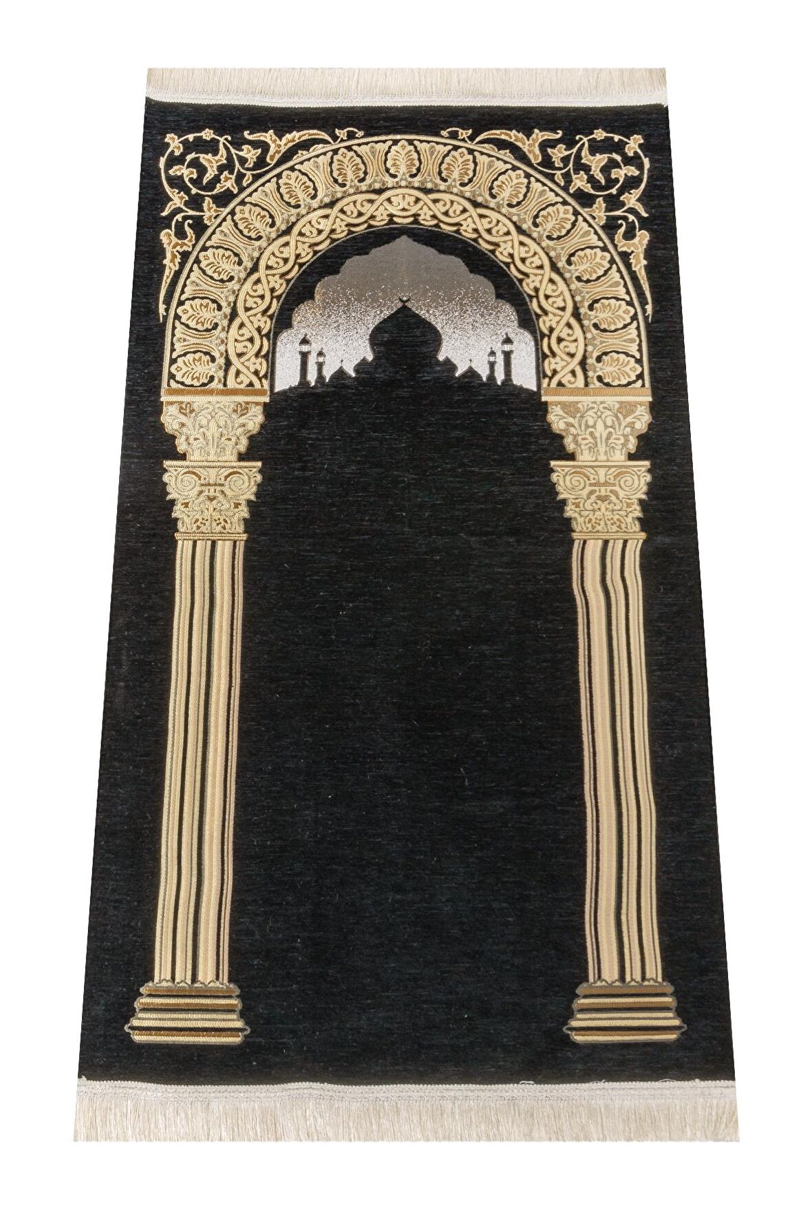 Taç Mahal Desenli Şönil Seccade - Siyah Renk