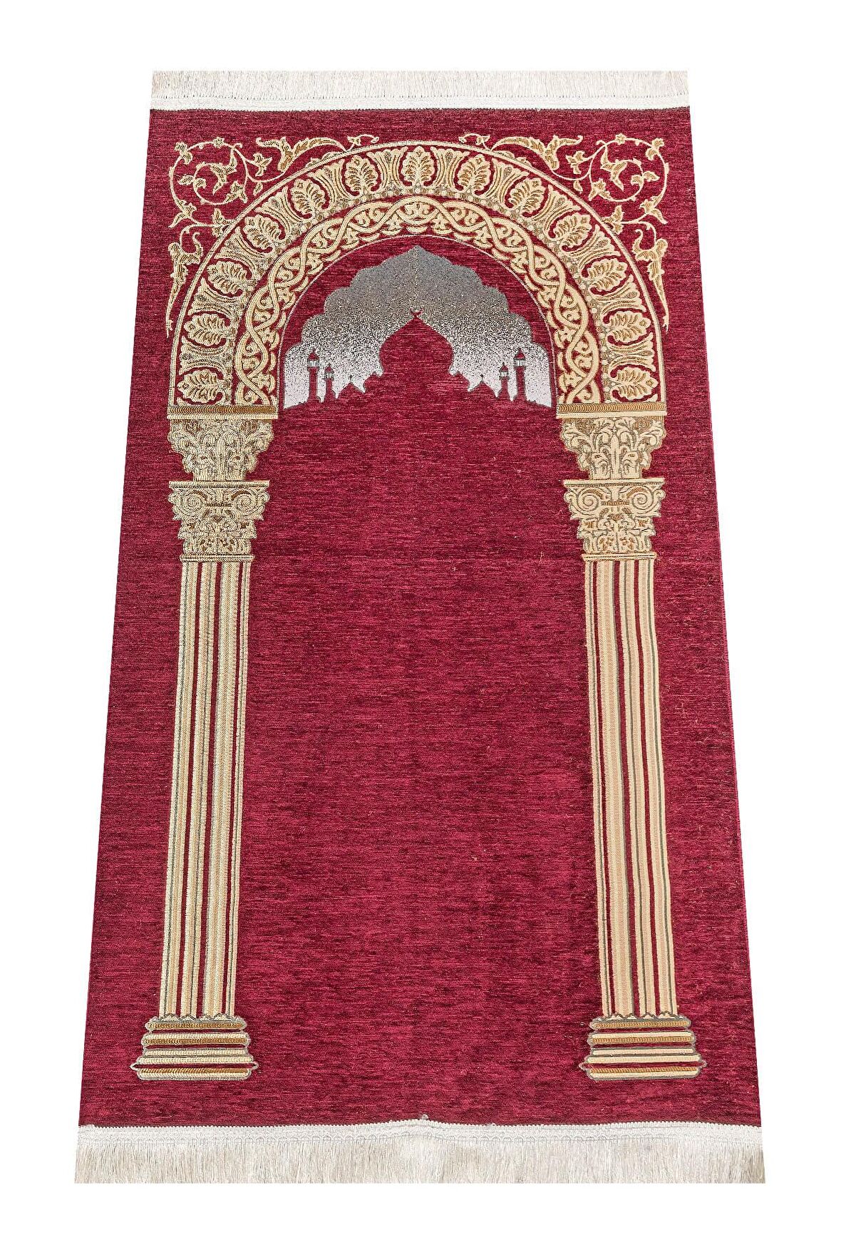 Taç Mahal Desenli Şönil Seccade - Bordo Renk